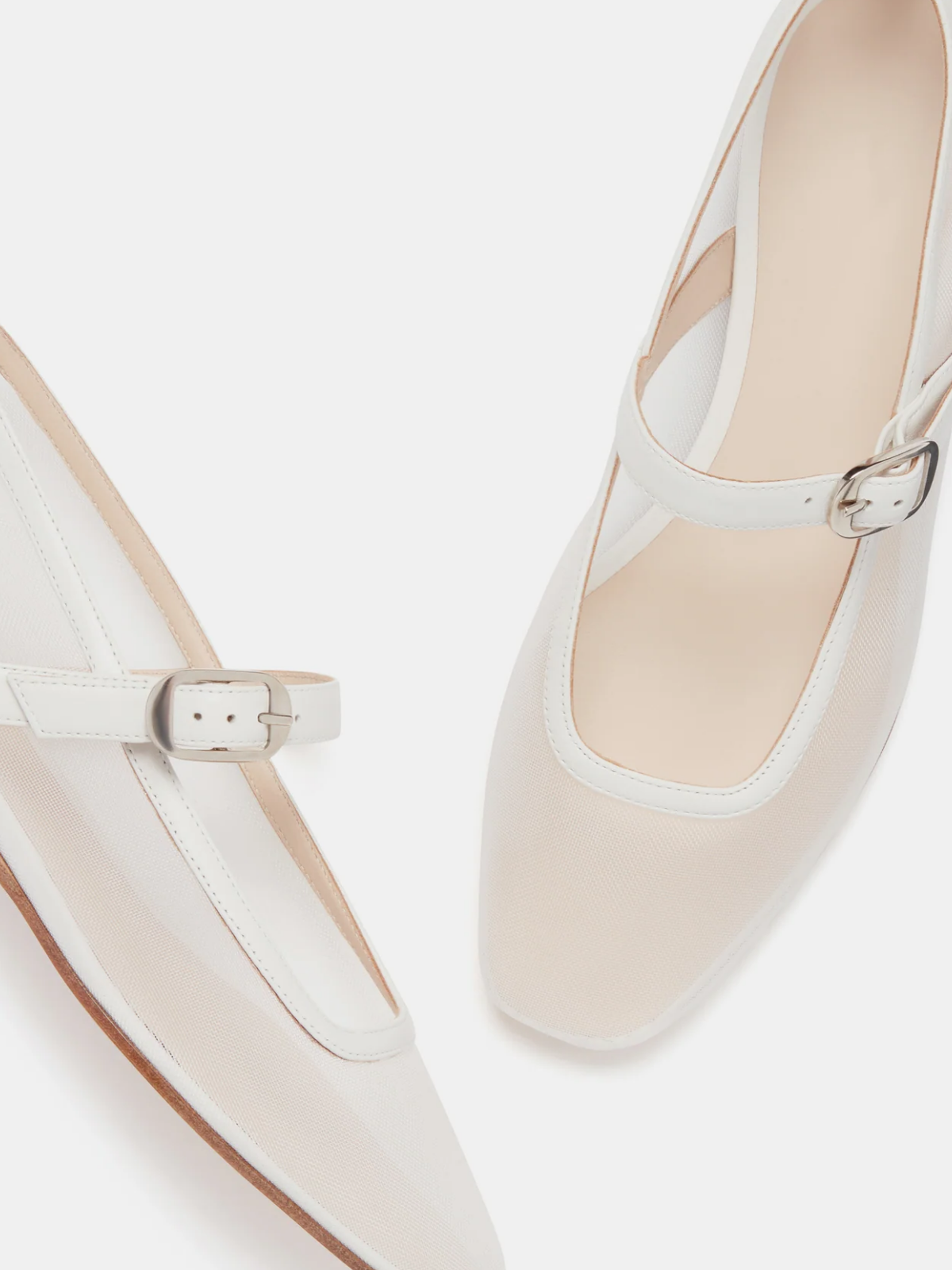 White Mesh Square-Toe Flats Buckled Mary Janes