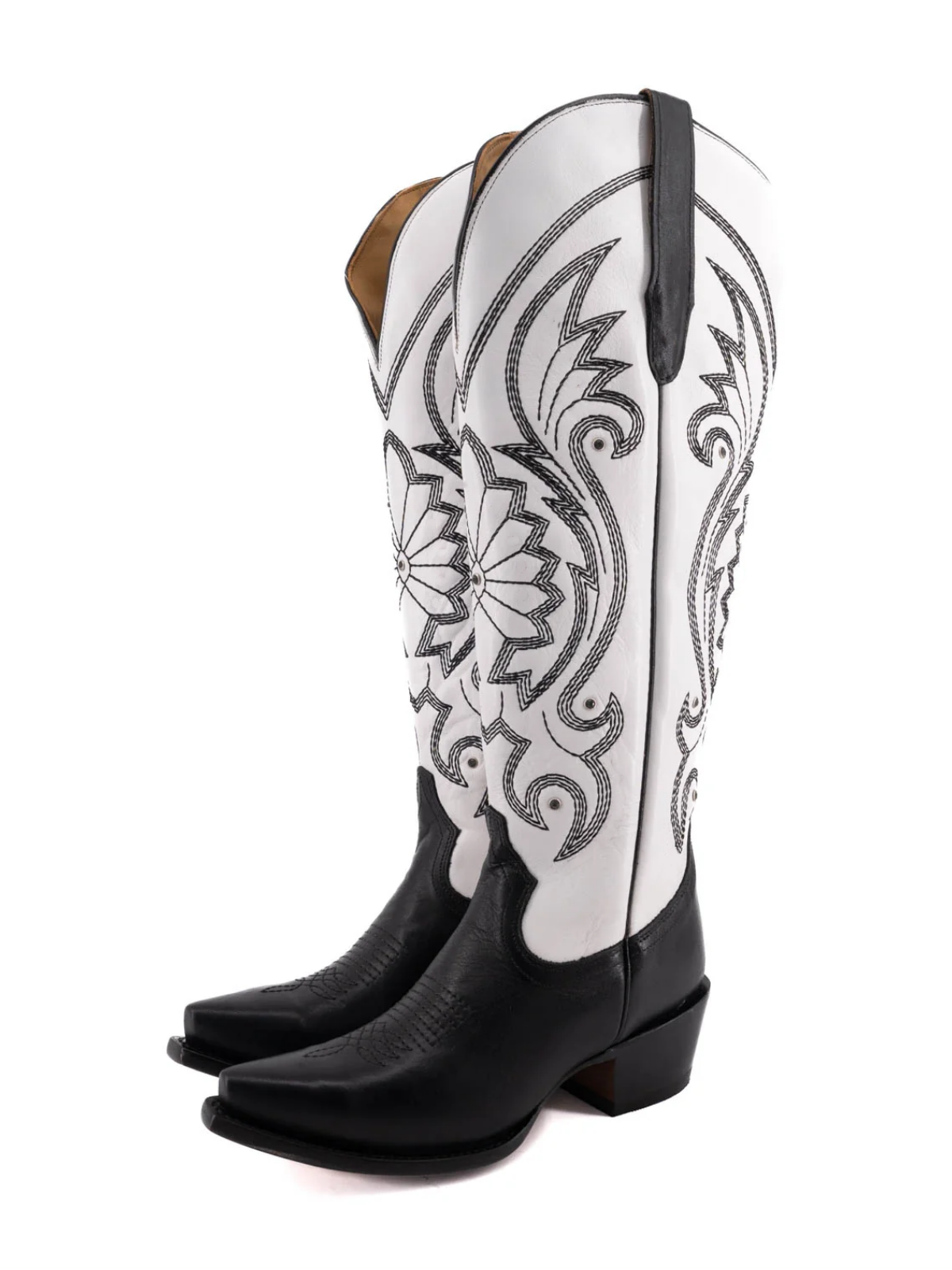 Contrast Black And White Embroidery Rhinestone Snip-Toe Half-Zip Cowgirl Knee High Tall Boots