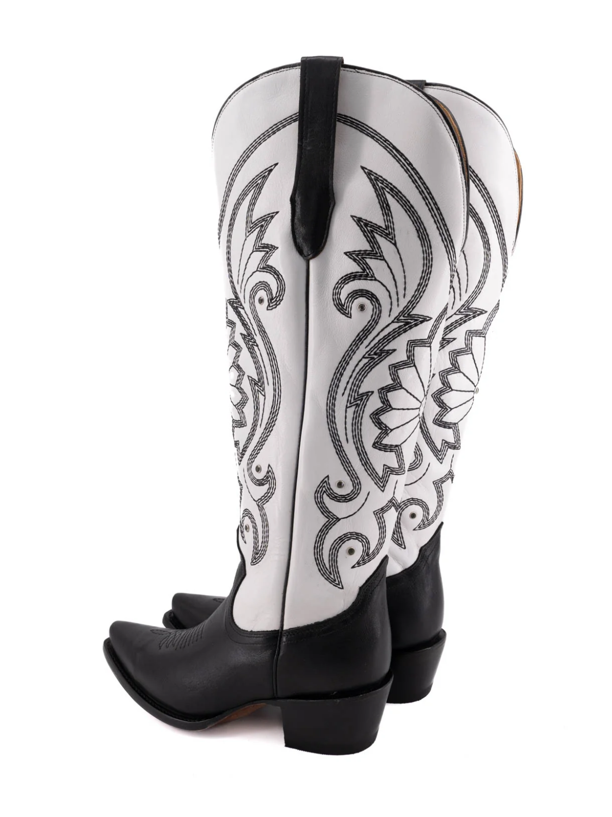 Contrast Black And White Embroidery Rhinestone Snip-Toe Half-Zip Cowgirl Knee High Tall Boots