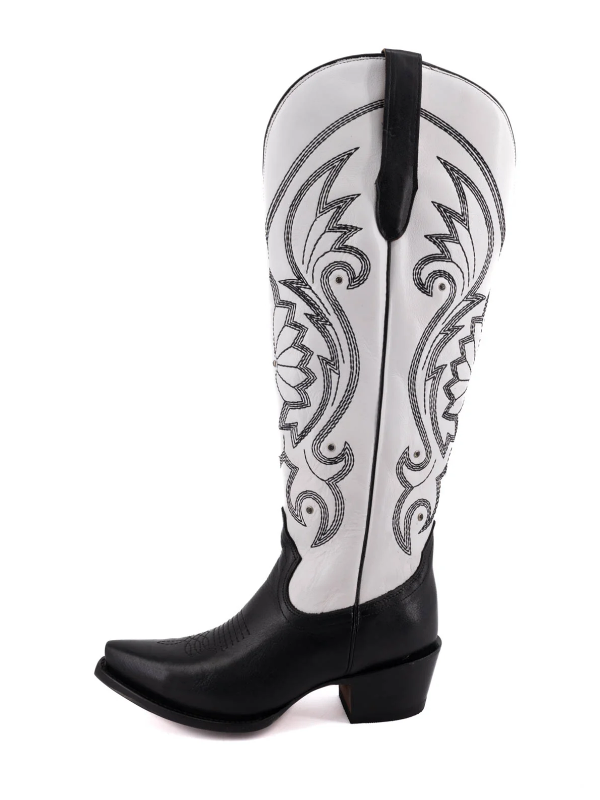 Contrast Black And White Embroidery Rhinestone Snip-Toe Half-Zip Cowgirl Knee High Tall Boots