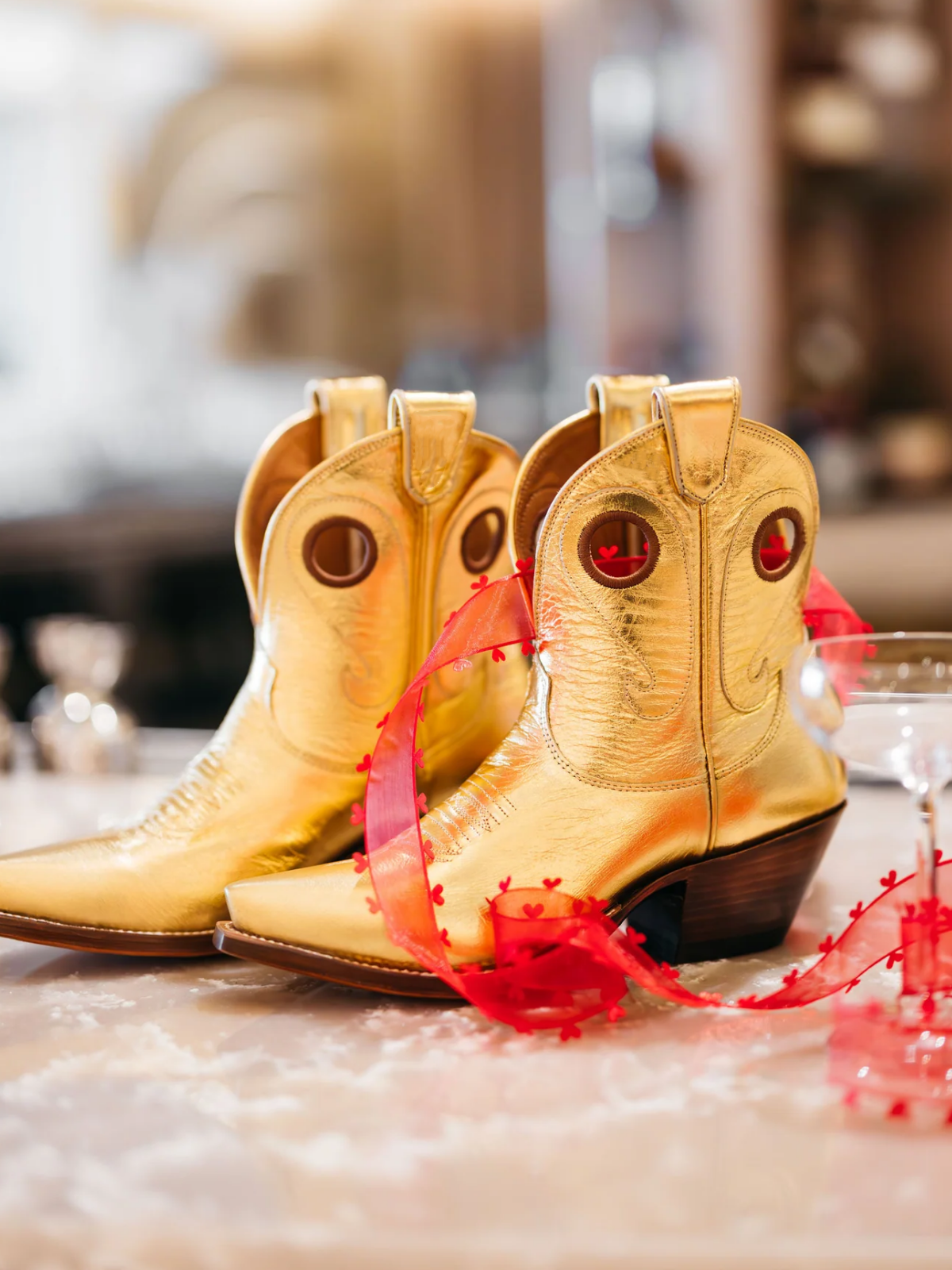 Metallic Gold Stitch Cutout Snip-Toe Cowgirl Ankle Booties