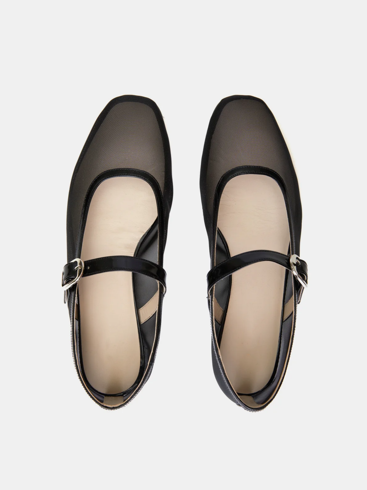 Black Mesh Square-Toe Flats Buckled Mary Janes