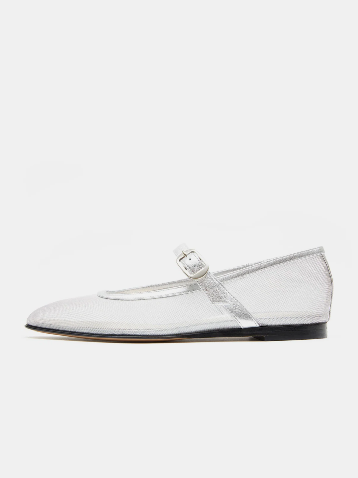 Metallic Silver Mesh Square-Toe Flats Buckled Mary Janes