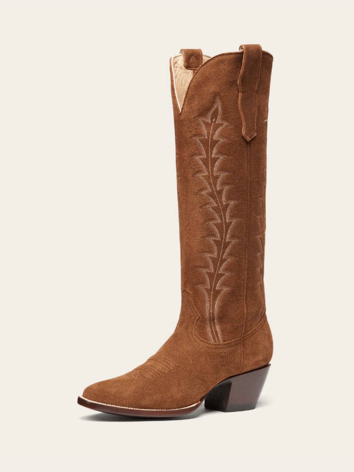 Brown Faux Suede Embroidery Almond-Toe Wide Mid Calf Tall Cowgirl Boots