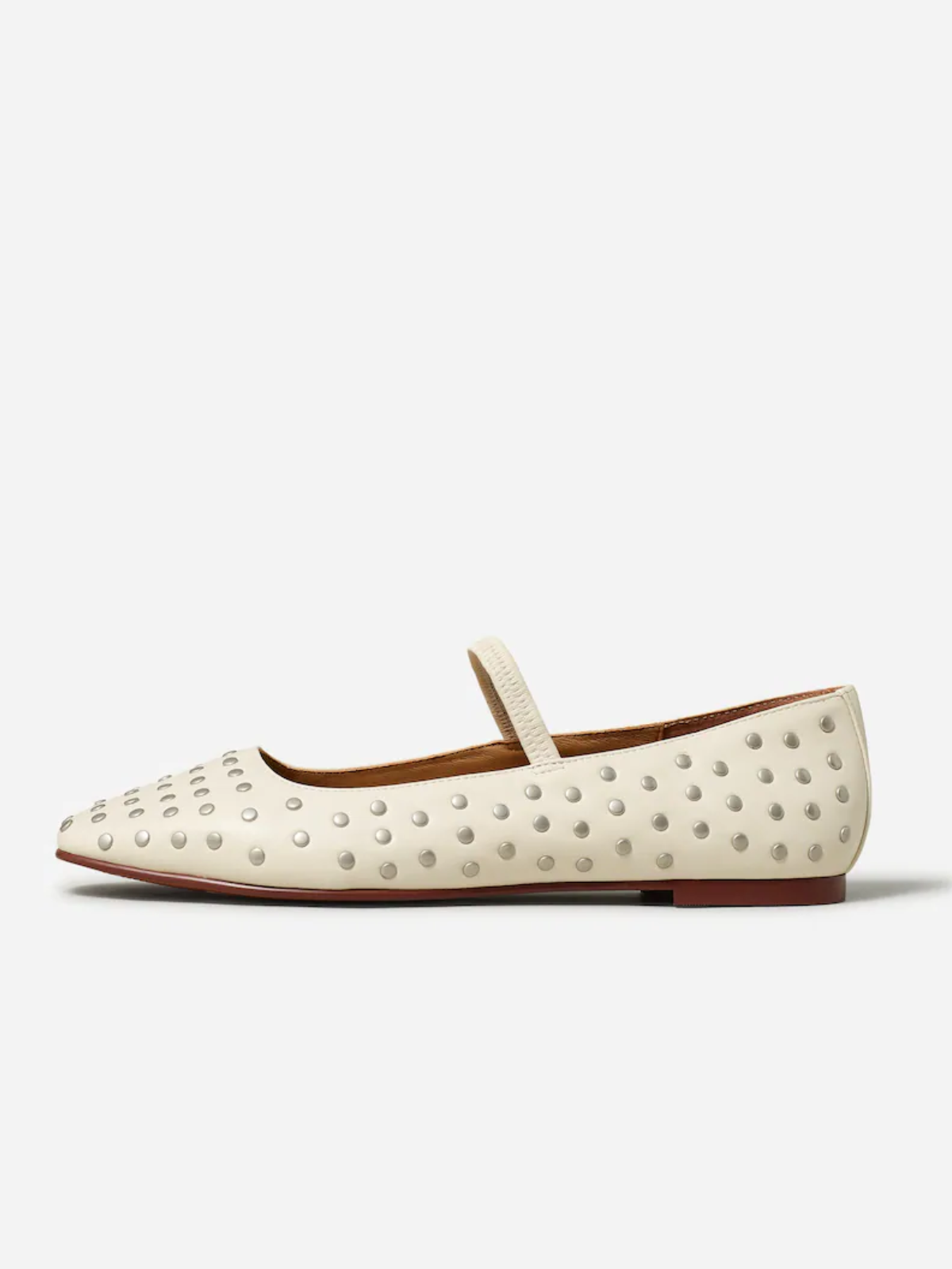 Beige Studded Square-Toe Vegan Leather Ballet Flats Mary Janes