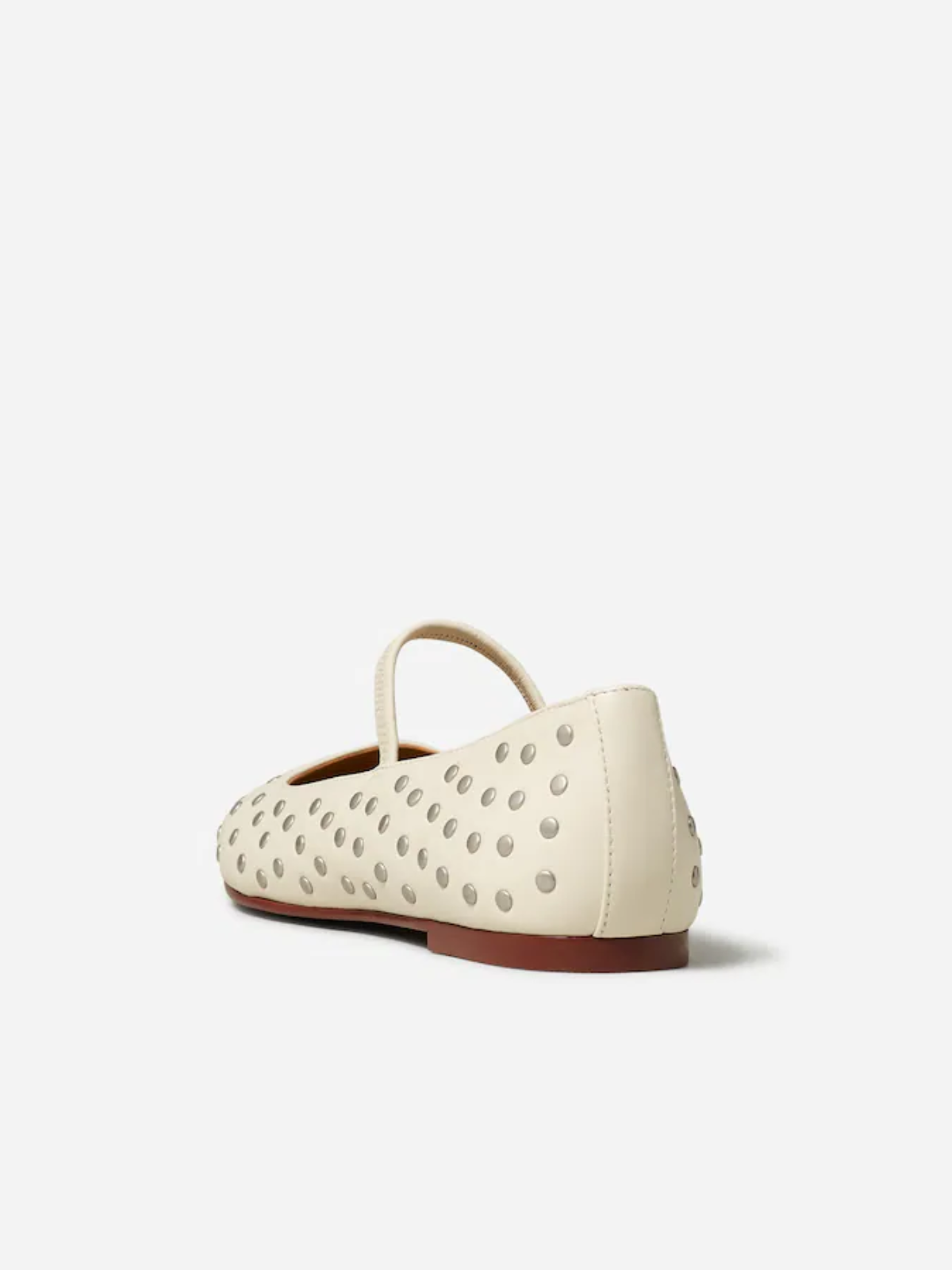 Beige Studded Square-Toe Vegan Leather Ballet Flats Mary Janes