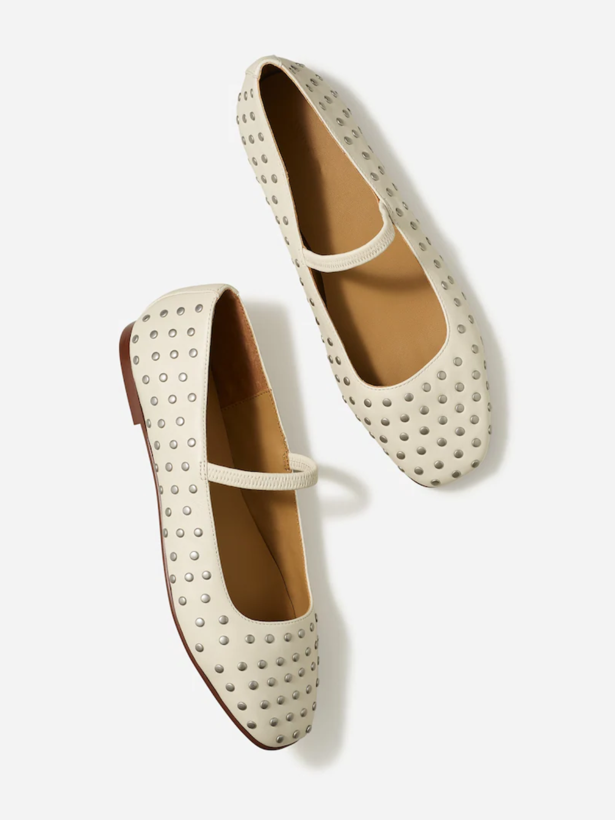 Beige Studded Square-Toe Vegan Leather Ballet Flats Mary Janes