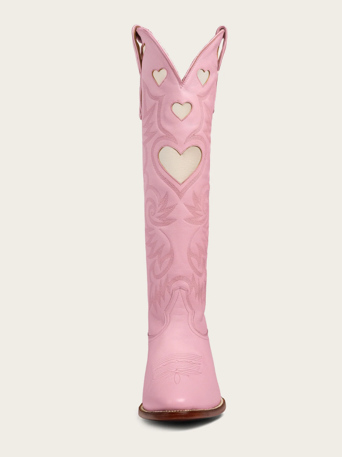 Ivory Heart Inlay Embroidery Almond-Toe Tall Wide Mid Calf Cowgirl Boots - Pink