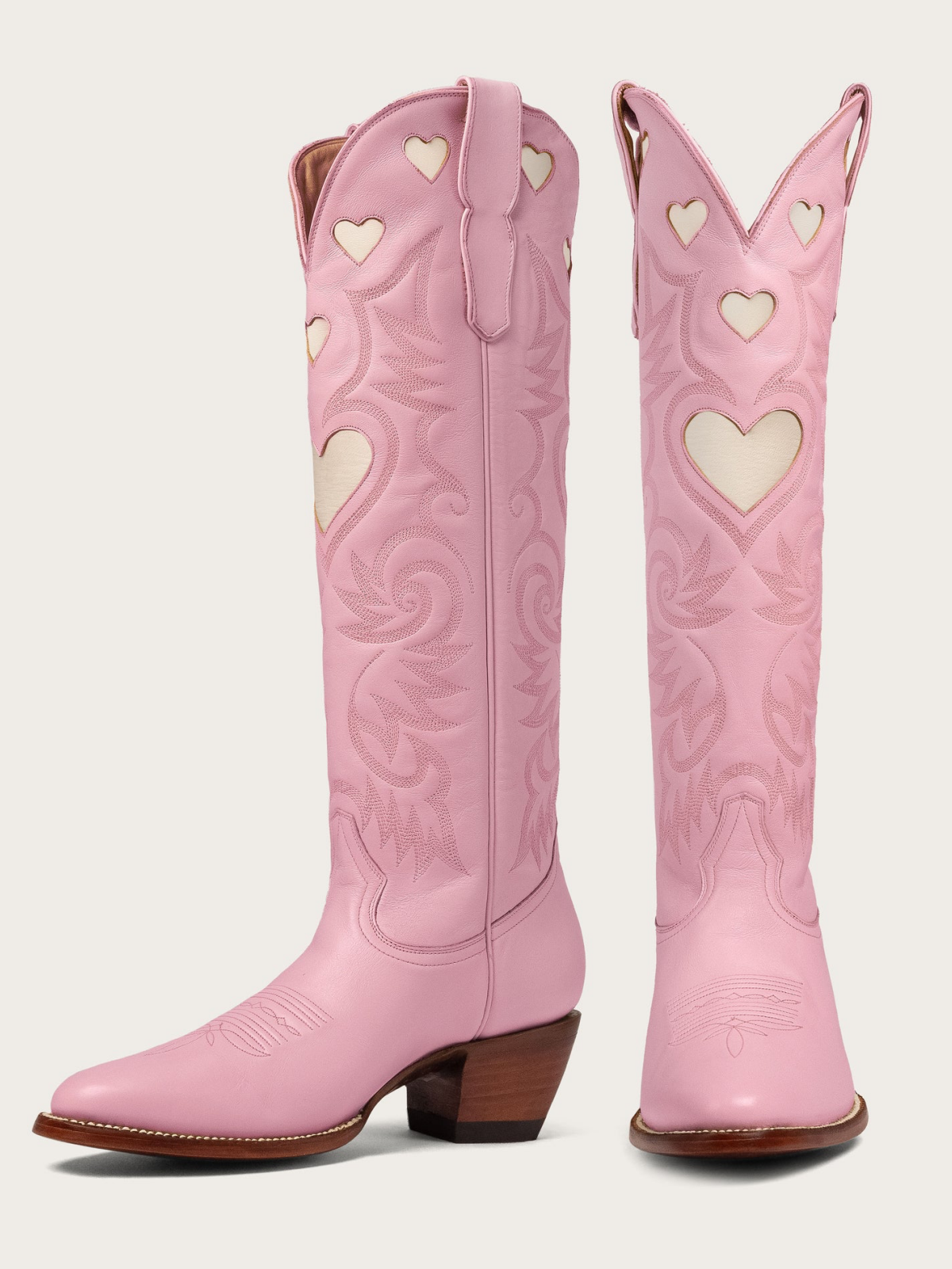 Ivory Heart Inlay Embroidery Almond-Toe Tall Wide Mid Calf Cowgirl Boots - Pink