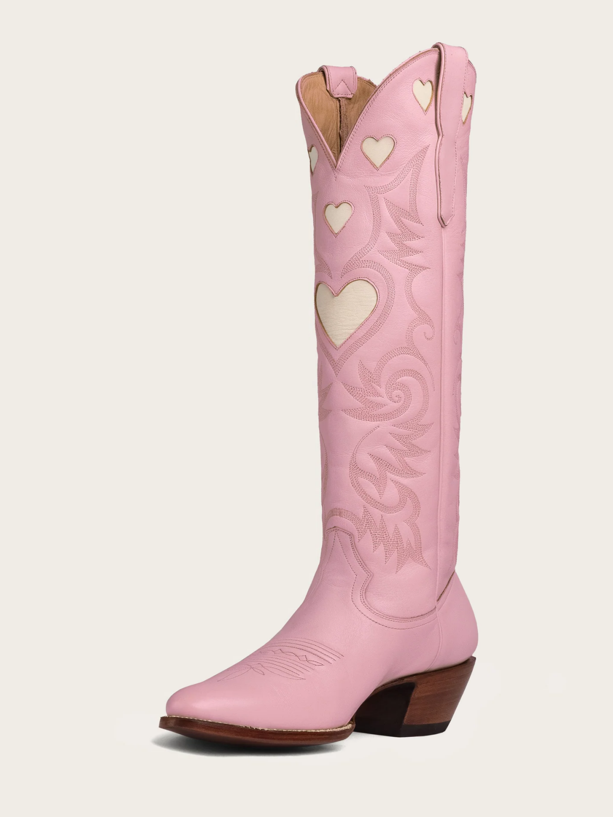 Ivory Heart Inlay Embroidery Almond-Toe Tall Wide Mid Calf Cowgirl Boots - Pink