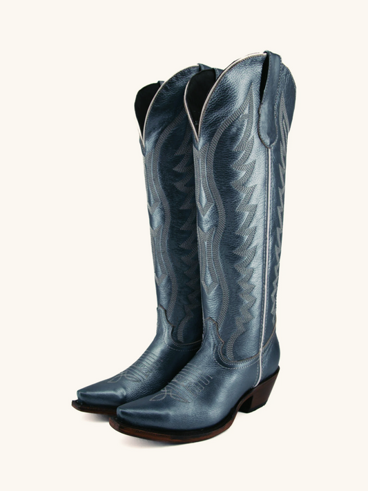 Metallic Navy Blue Embroidery Snip-Toe Wide Calf Western Cowgirl Tall Boots