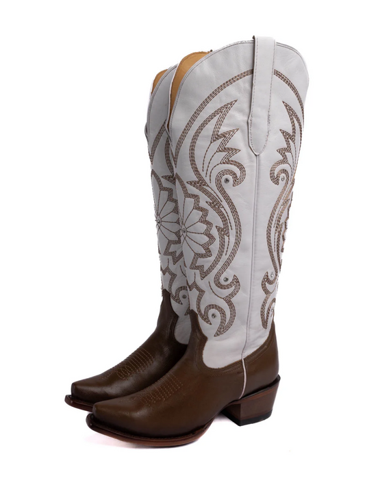 Contrast Brown And White Embroidery Rhinestone Snip-Toe Half-Zip Cowgirl Knee High Tall Boots