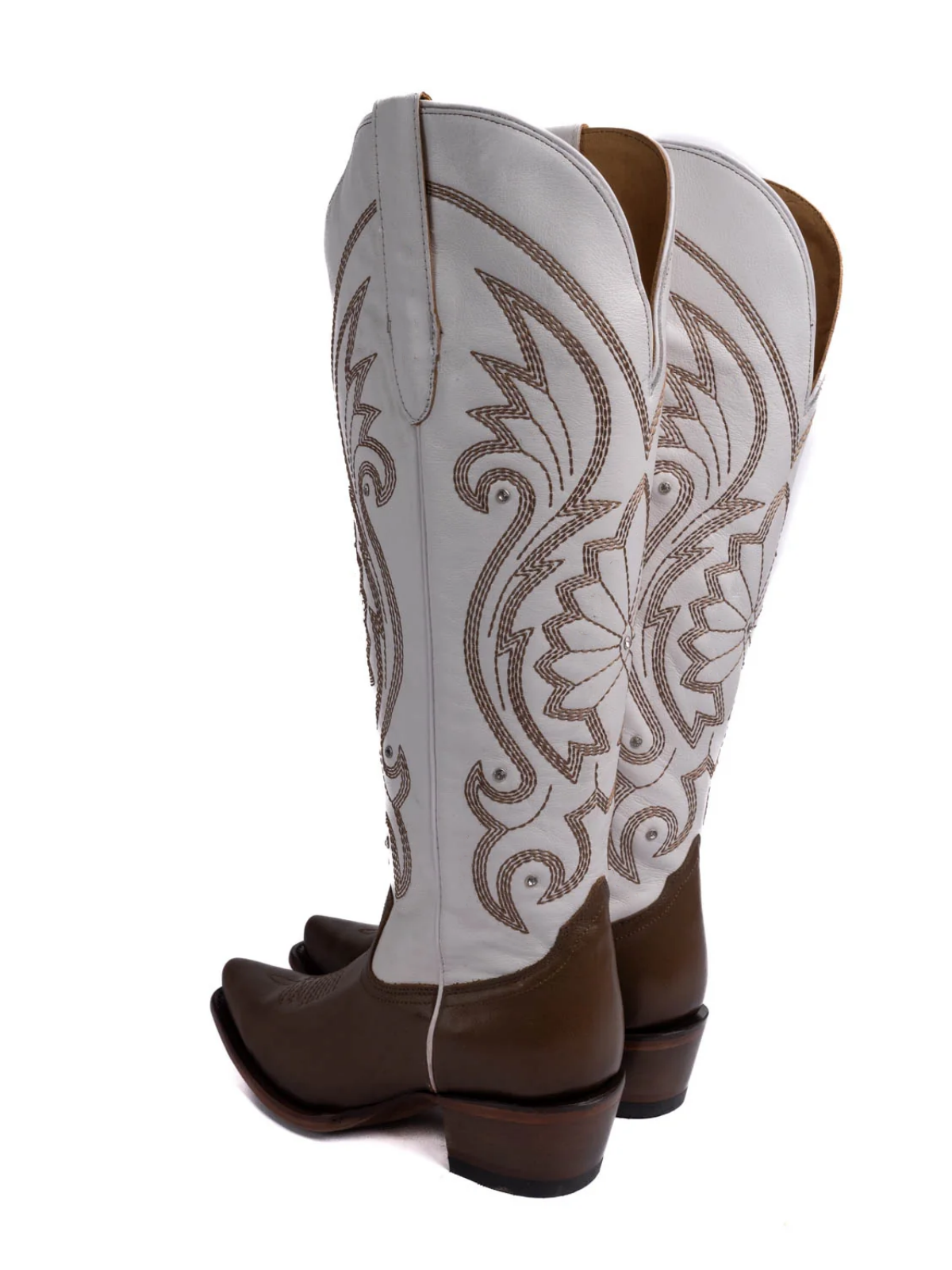 Contrast Brown And White Embroidery Rhinestone Snip-Toe Half-Zip Cowgirl Knee High Tall Boots