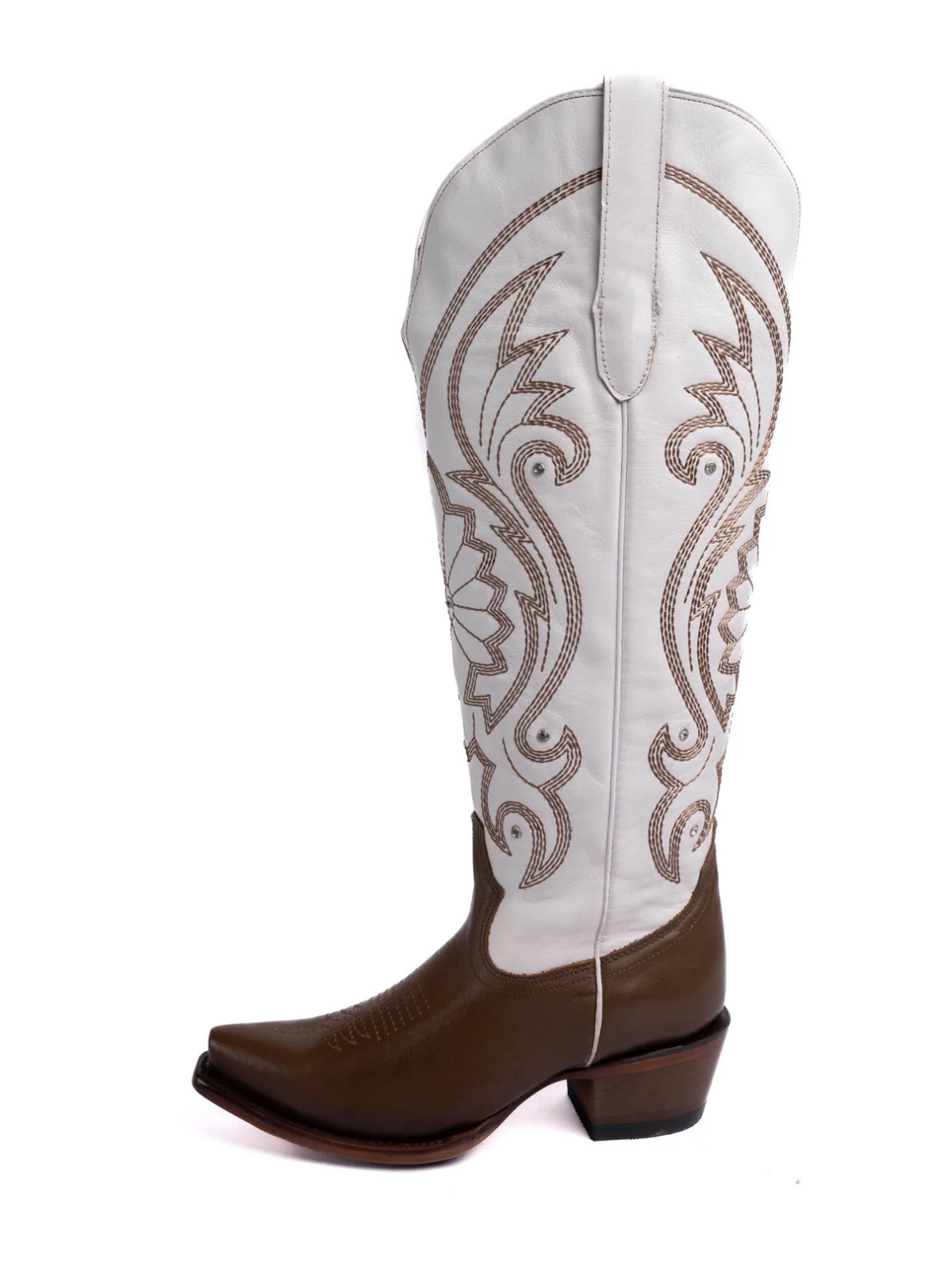 Contrast Brown And White Embroidery Rhinestone Snip-Toe Half-Zip Cowgirl Knee High Tall Boots