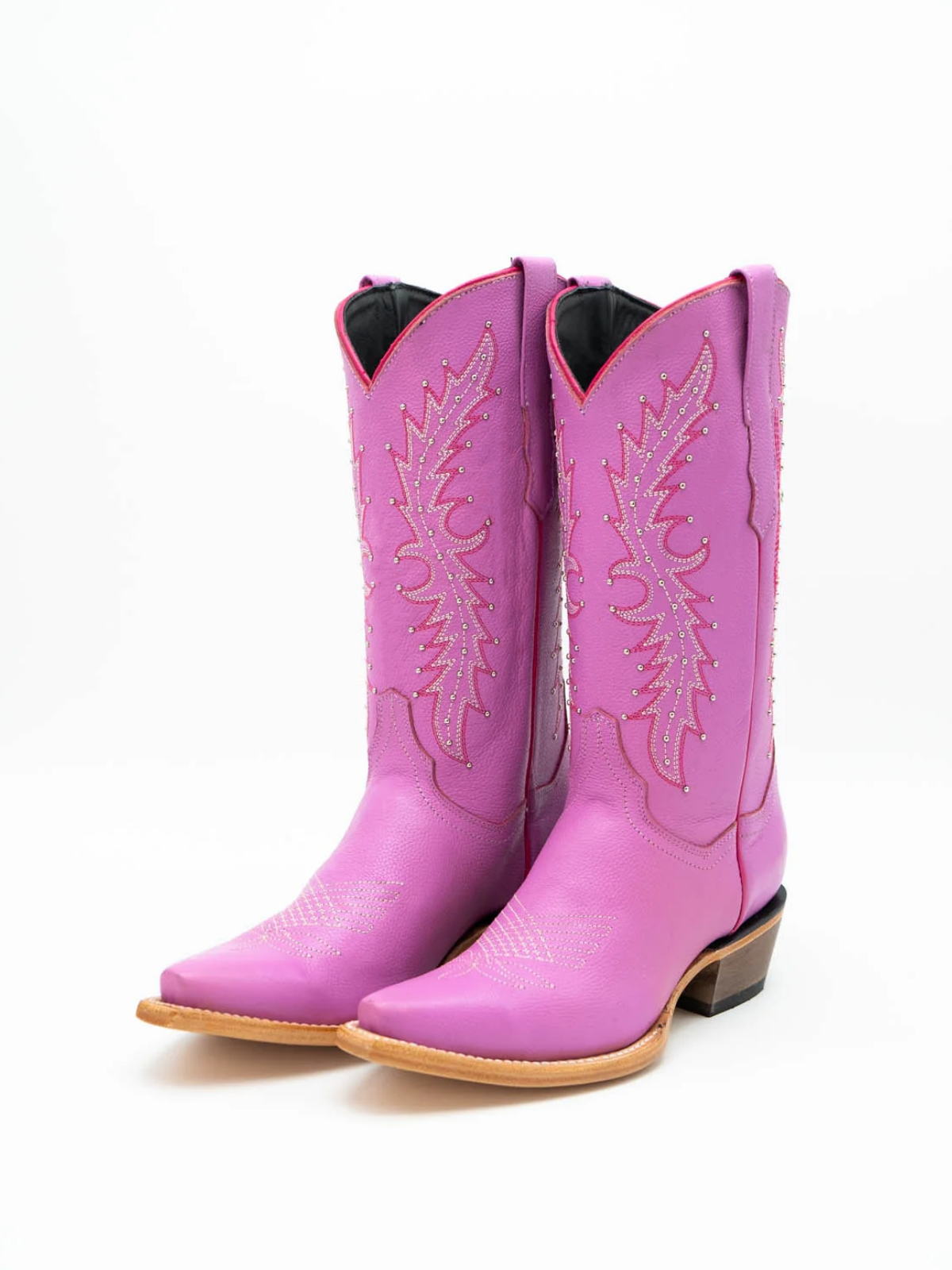 Lavender Pink Embroidery Studded Snip-Toe Wide Mid Calf Cowgirl Tall Boots