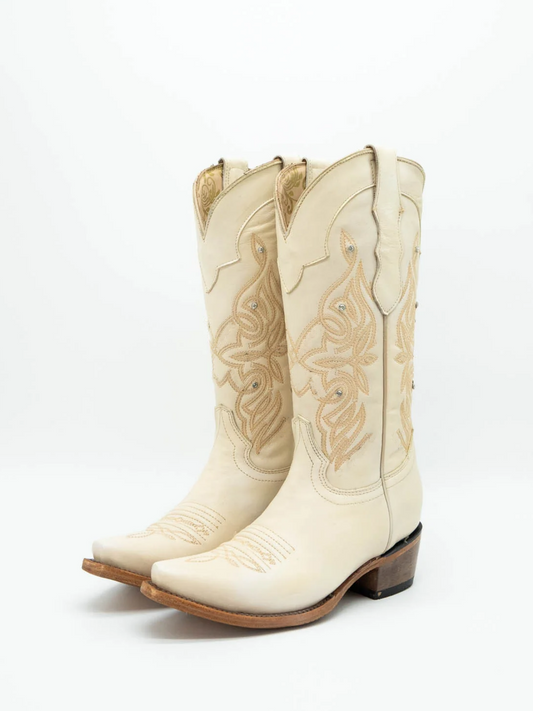 Ivory Embroidery Rhinestone Snip-Toe Wide Mid Calf Cowgirl Tall Boots