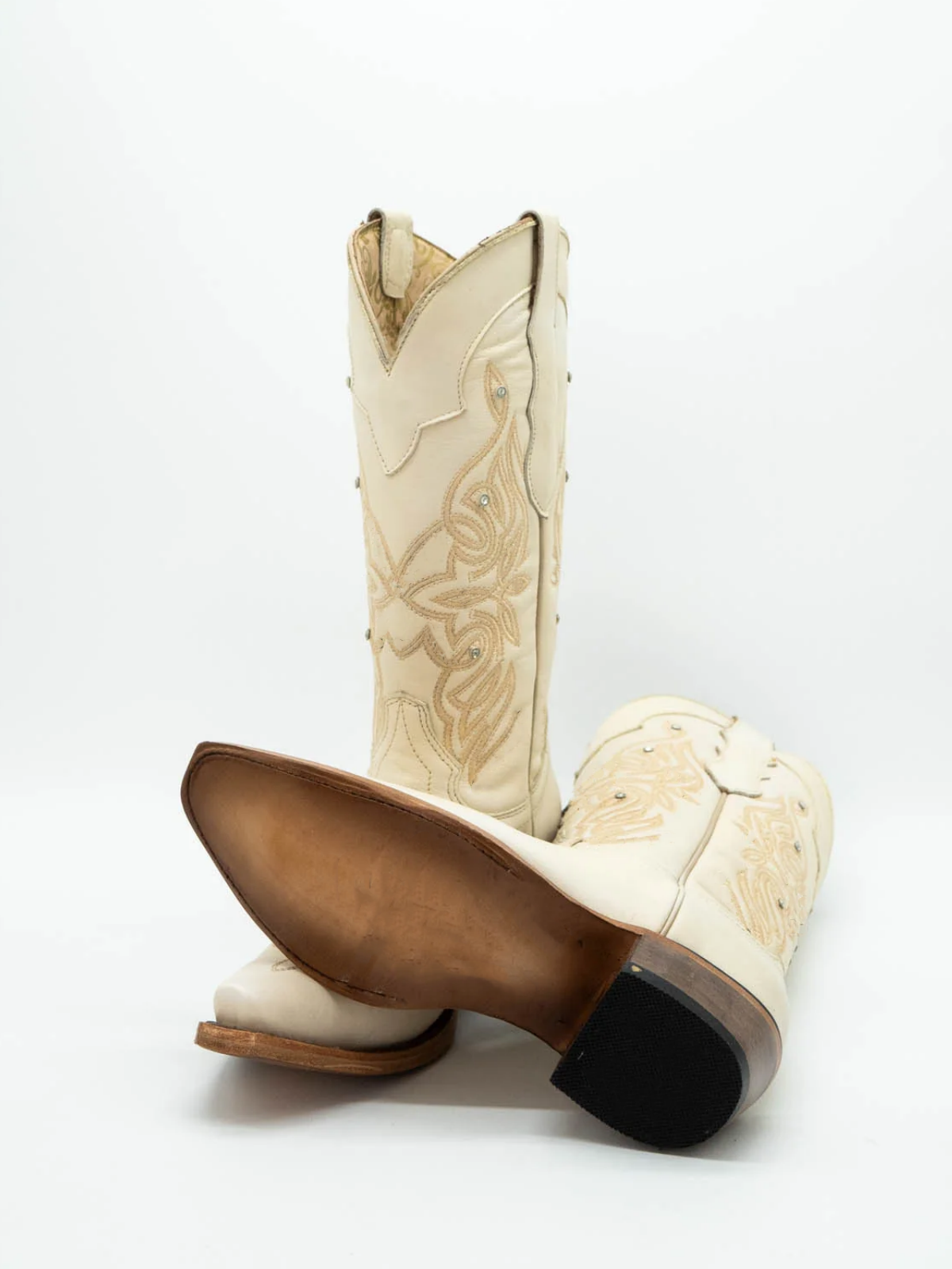 Ivory Embroidery Rhinestone Snip-Toe Wide Mid Calf Cowgirl Tall Boots