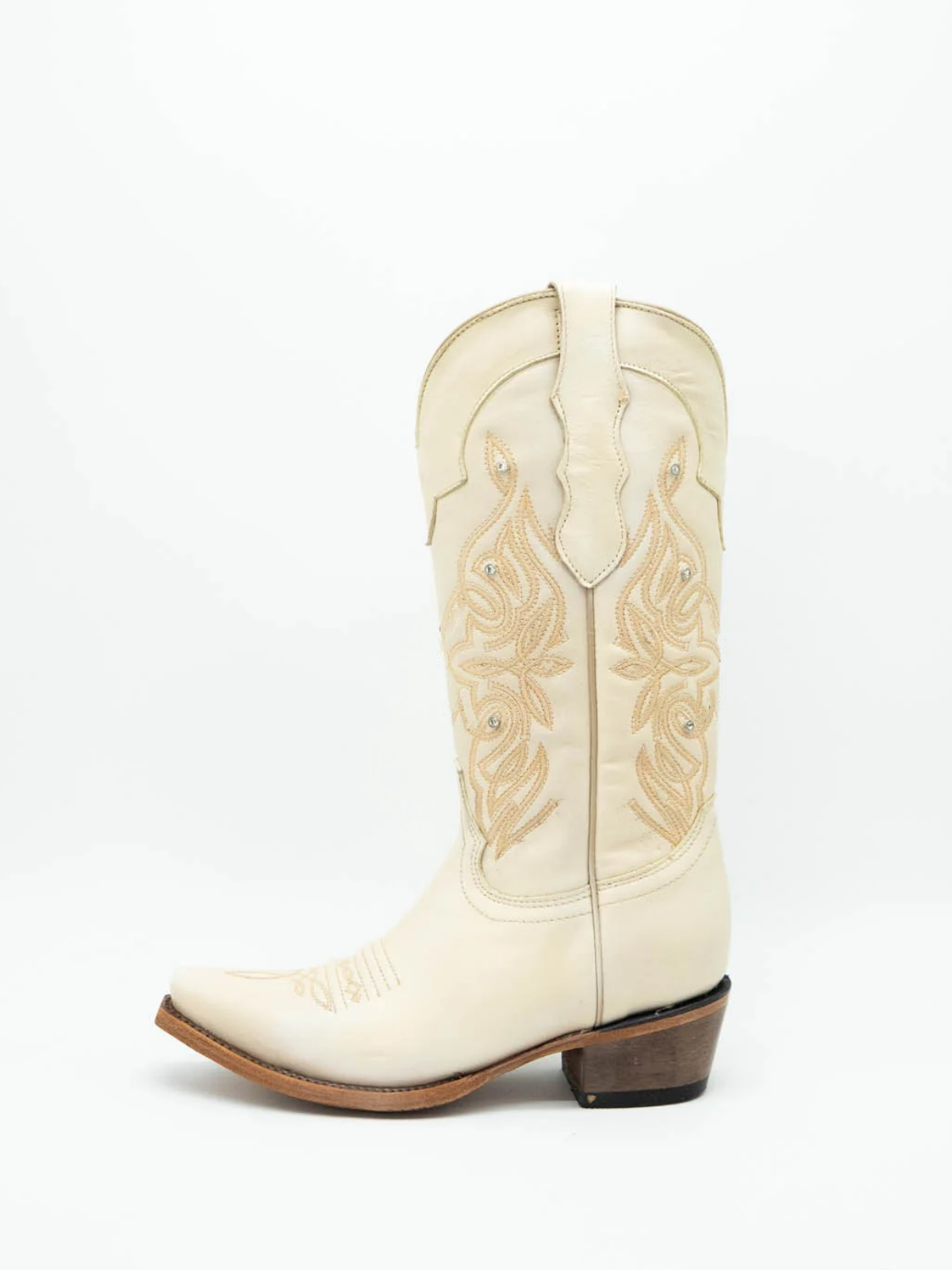 Ivory Embroidery Rhinestone Snip-Toe Wide Mid Calf Cowgirl Tall Boots