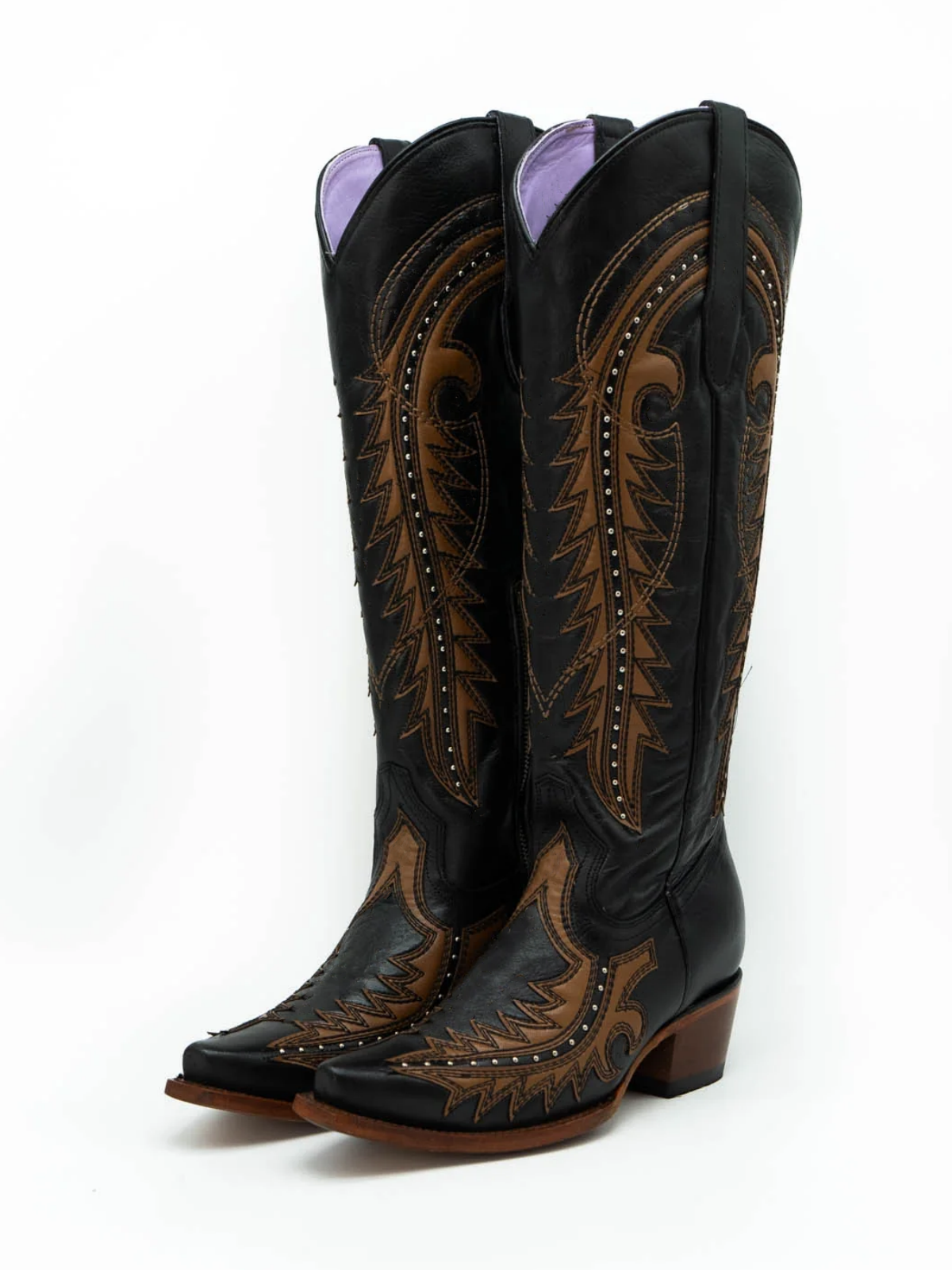 Black Studded Applique Snip-Toe Half-Zip Cowgirl Knee High Tall Boots