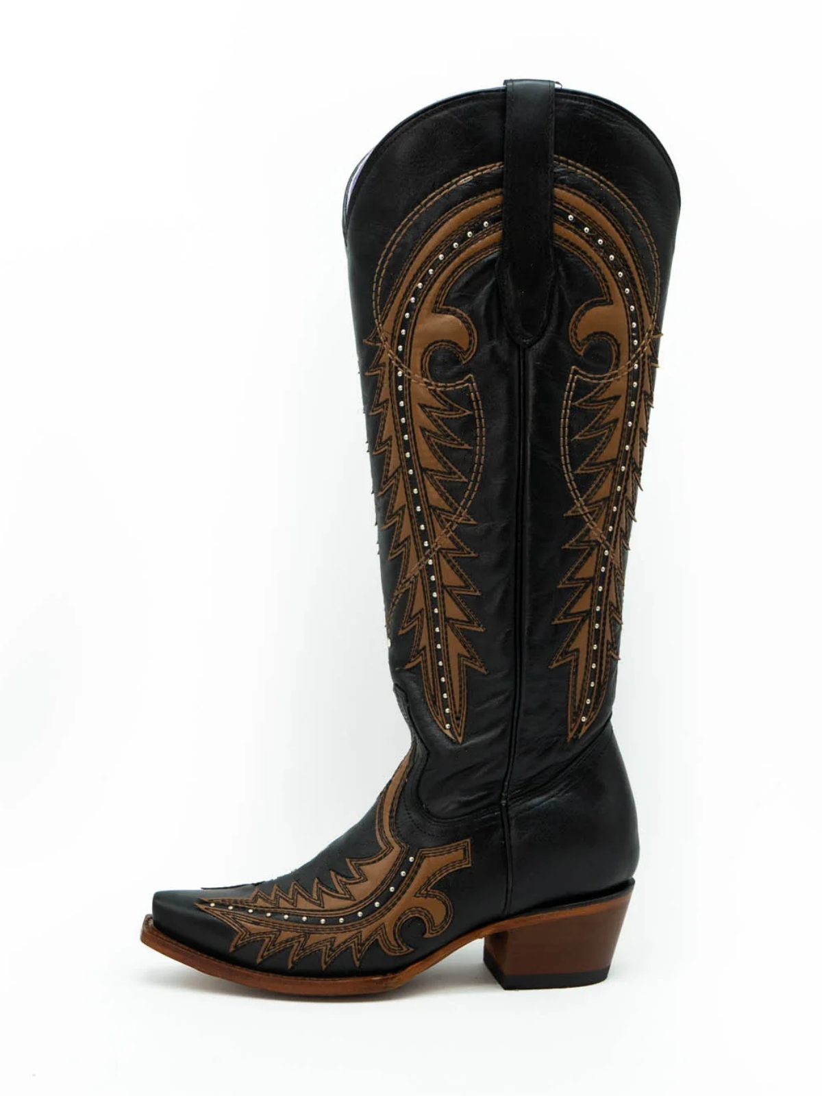 Black Studded Applique Snip-Toe Half-Zip Cowgirl Knee High Tall Boots