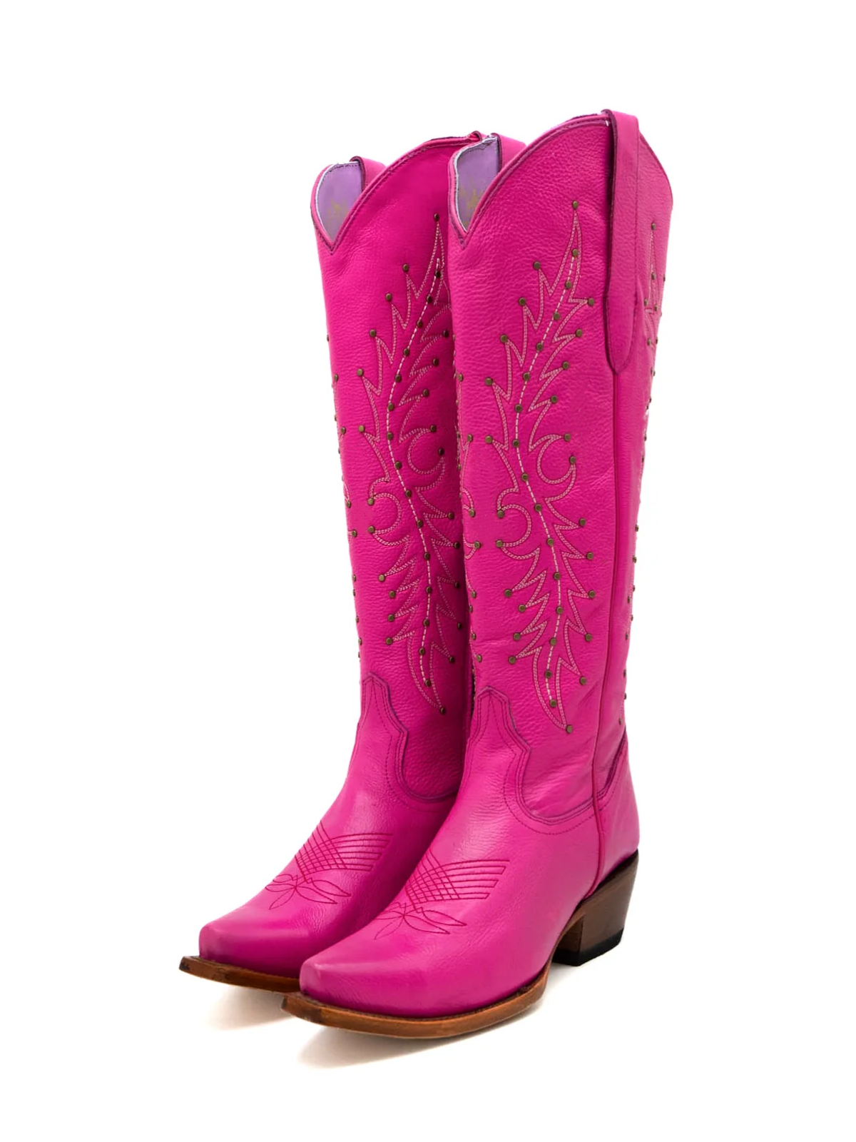 Fuchsia Embroidery Studded Snip-Toe Half-Zip Cowgirl Knee High Tall Boots