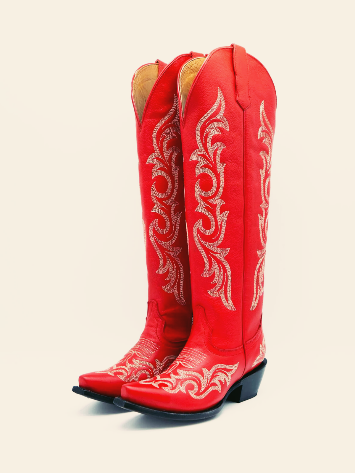 Red Embroidery Snip-Toe Wide Calf Western Boots Knee High Tall Boots