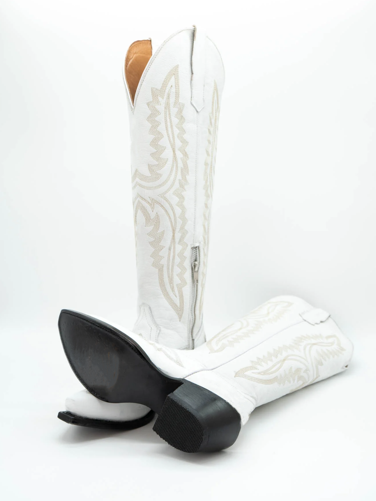 White Embroidery Snip-Toe Half-Zip Knee High Cowgirl Tall Boots