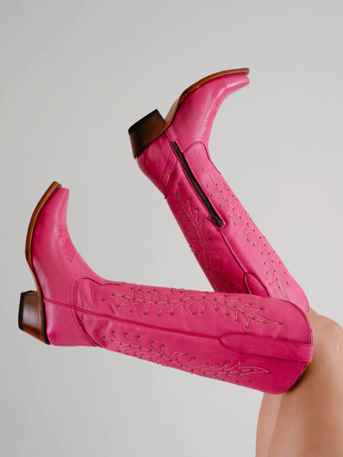 Fuchsia Embroidery Studded Snip-Toe Half-Zip Cowgirl Knee High Tall Boots