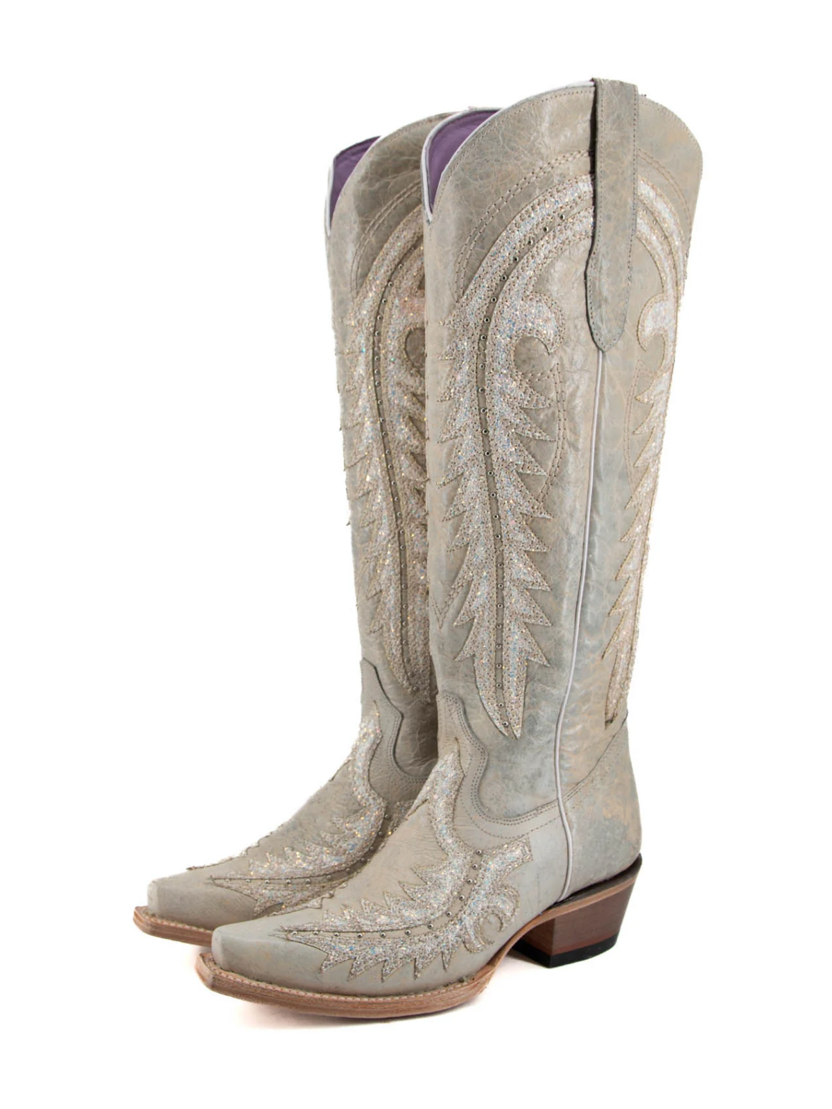 Ivory Studs Glitter Applique Snip-Toe Half-Zip Cowgirl Knee High Tall Boots