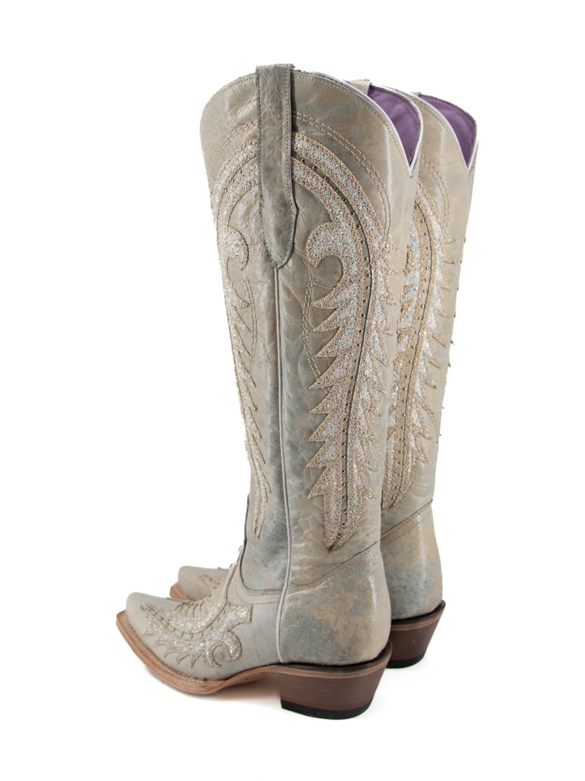 Ivory Studs Glitter Applique Snip-Toe Half-Zip Cowgirl Knee High Tall Boots