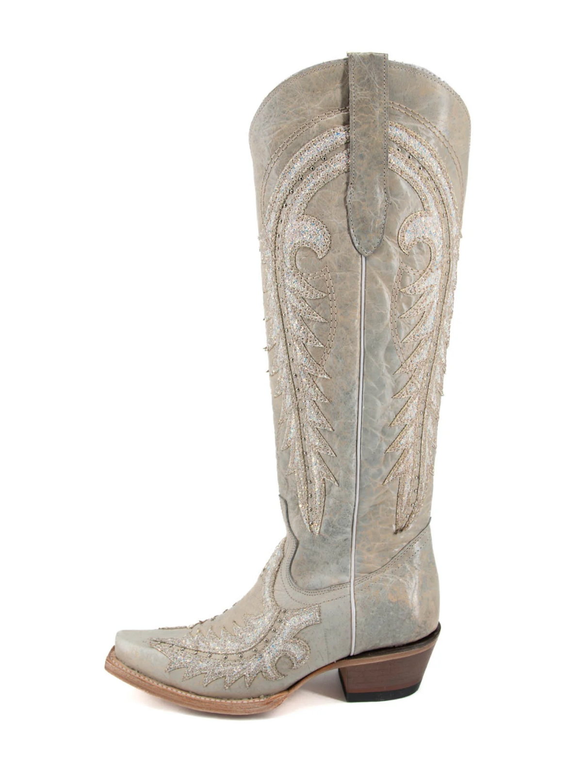 Ivory Studs Glitter Applique Snip-Toe Half-Zip Cowgirl Knee High Tall Boots