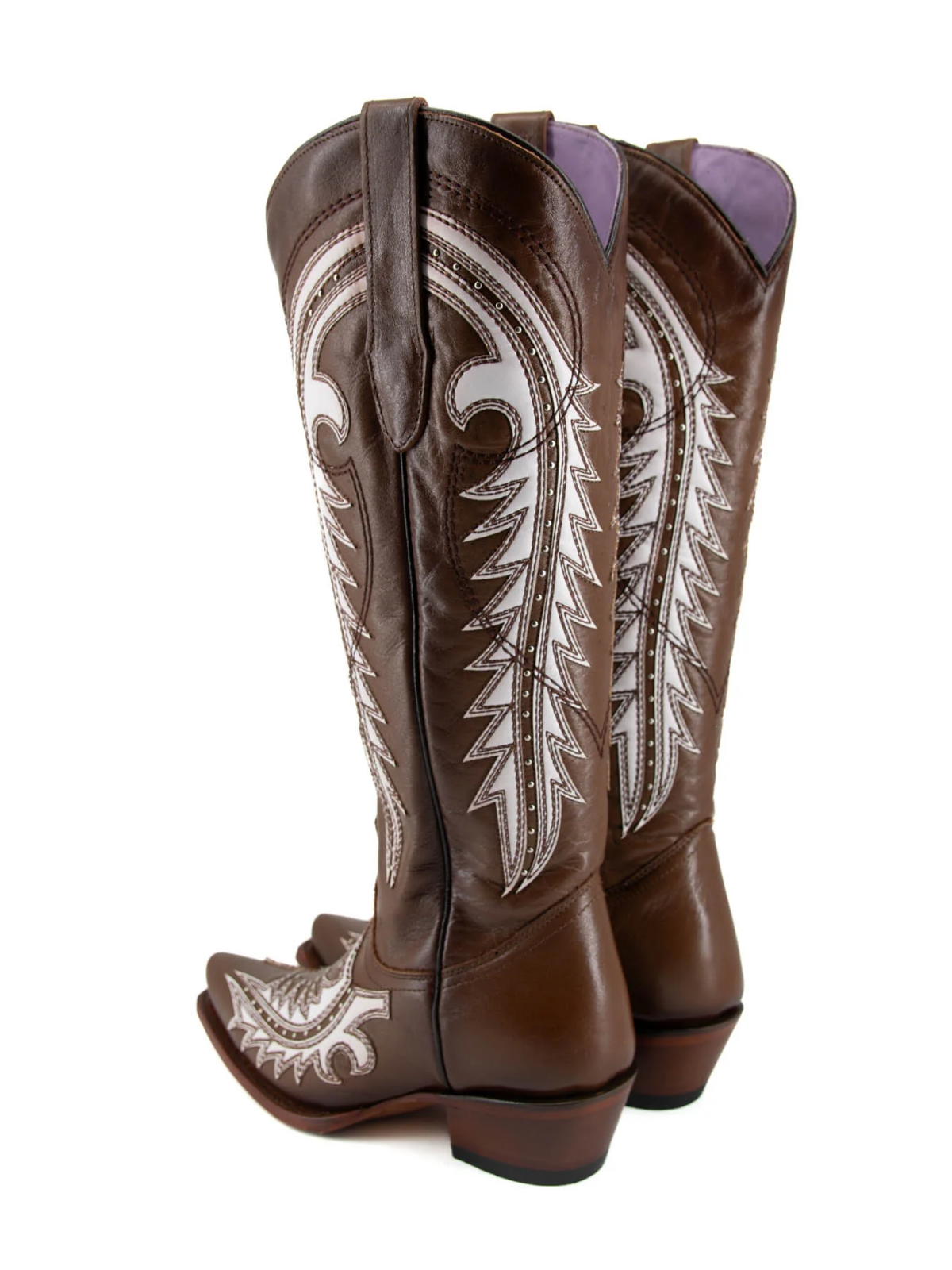 Brown Studded White Applique Snip-Toe Half-Zip Cowgirl Knee High Tall Boots