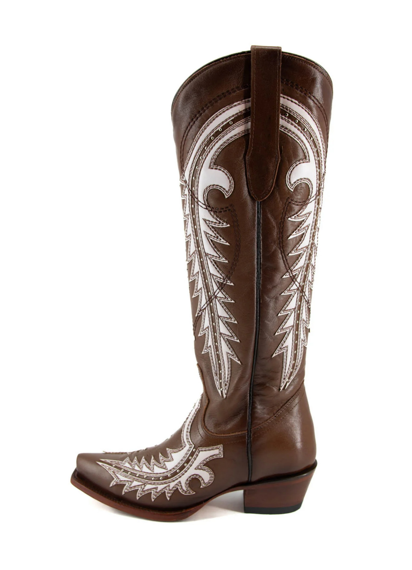 Brown Studded White Applique Snip-Toe Half-Zip Cowgirl Knee High Tall Boots