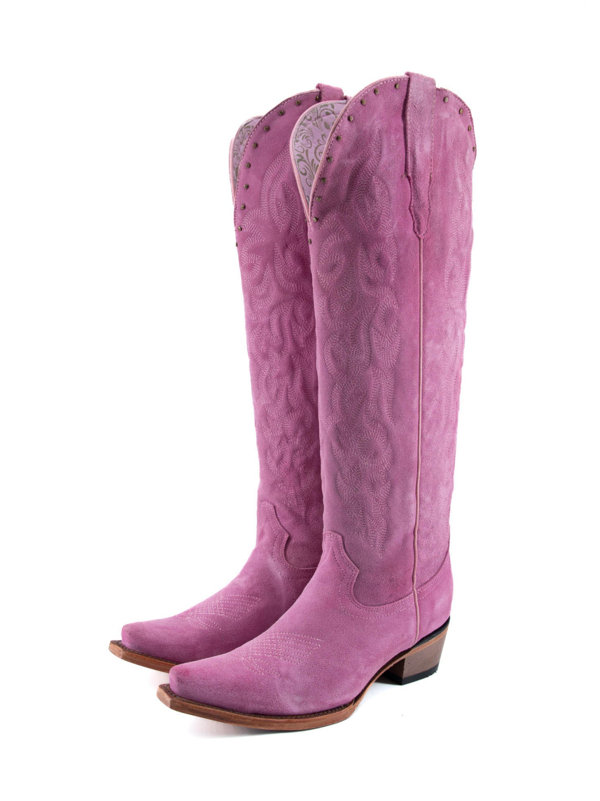 Purple Faux Suede Studded Embroidery Snip-Toe Half-Zip Cowgirl Knee High Tall Boots