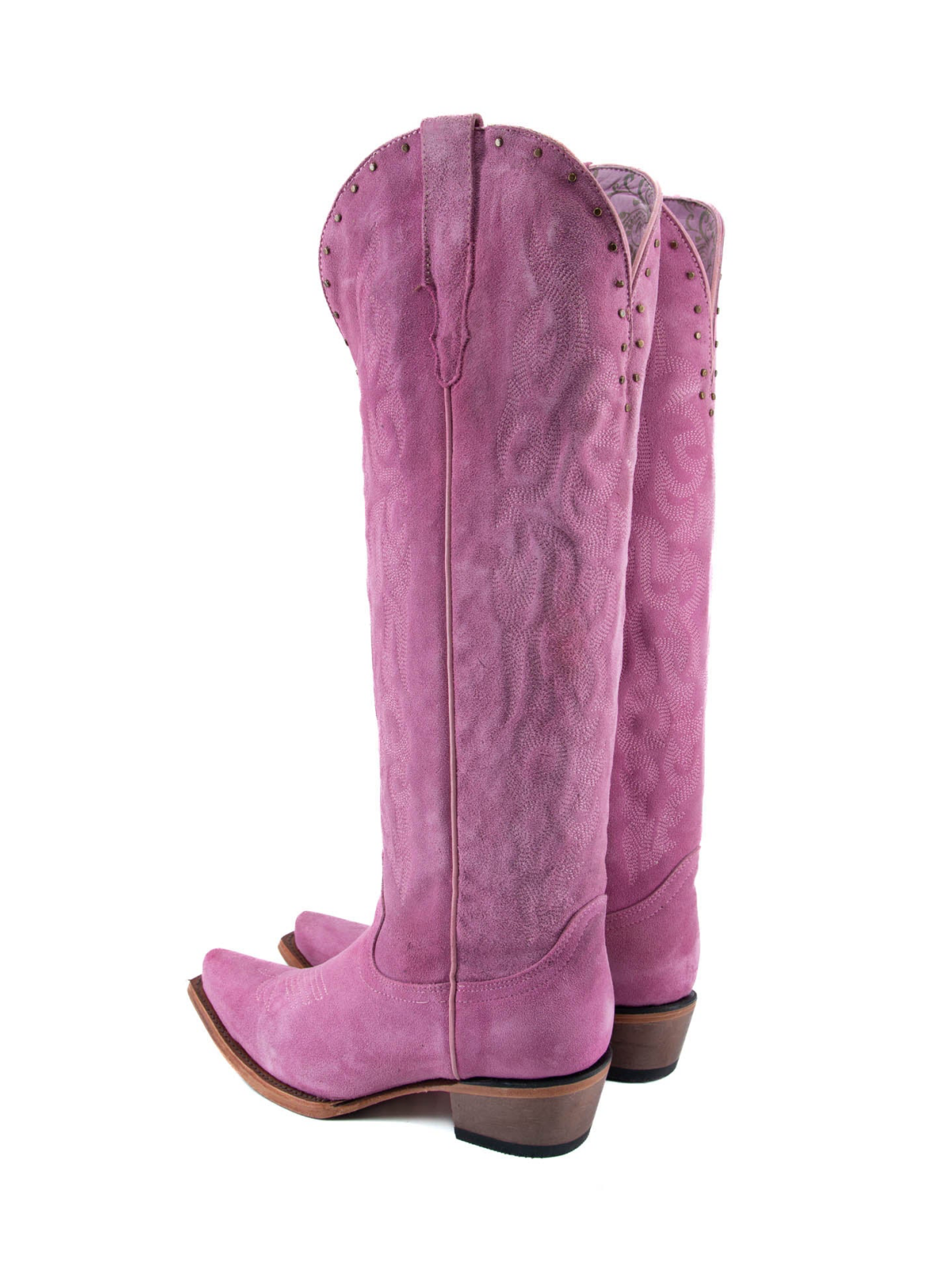 Purple Faux Suede Studded Embroidery Snip-Toe Half-Zip Cowgirl Knee High Tall Boots