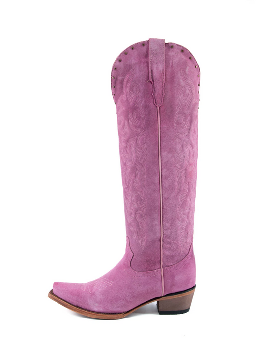 Purple Faux Suede Studded Embroidery Snip-Toe Half-Zip Cowgirl Knee High Tall Boots