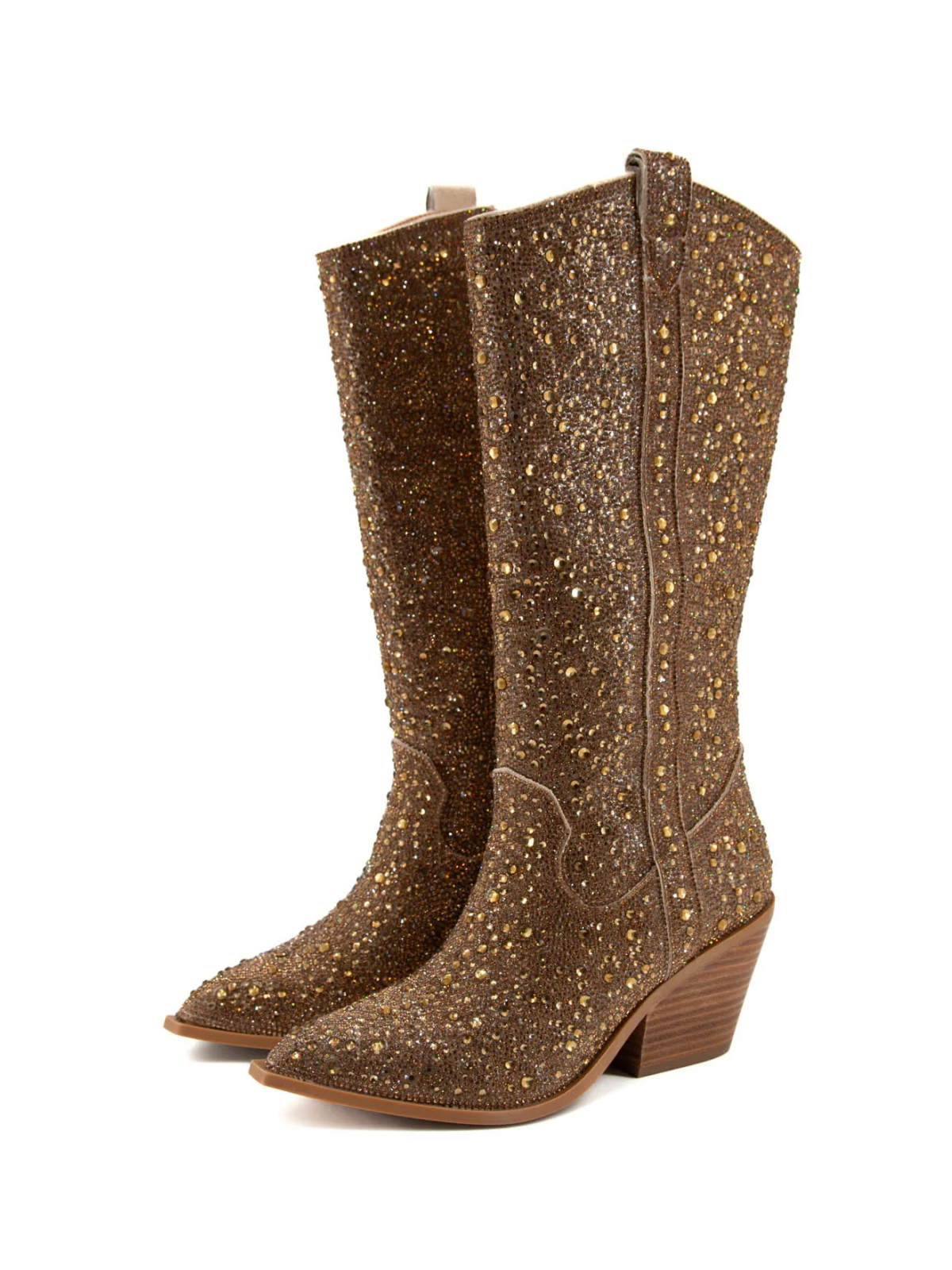 Gold Rhinestone Faux Suede Pointed-Toe Full-Zip Mid Calf Cowgirl Tall Boots