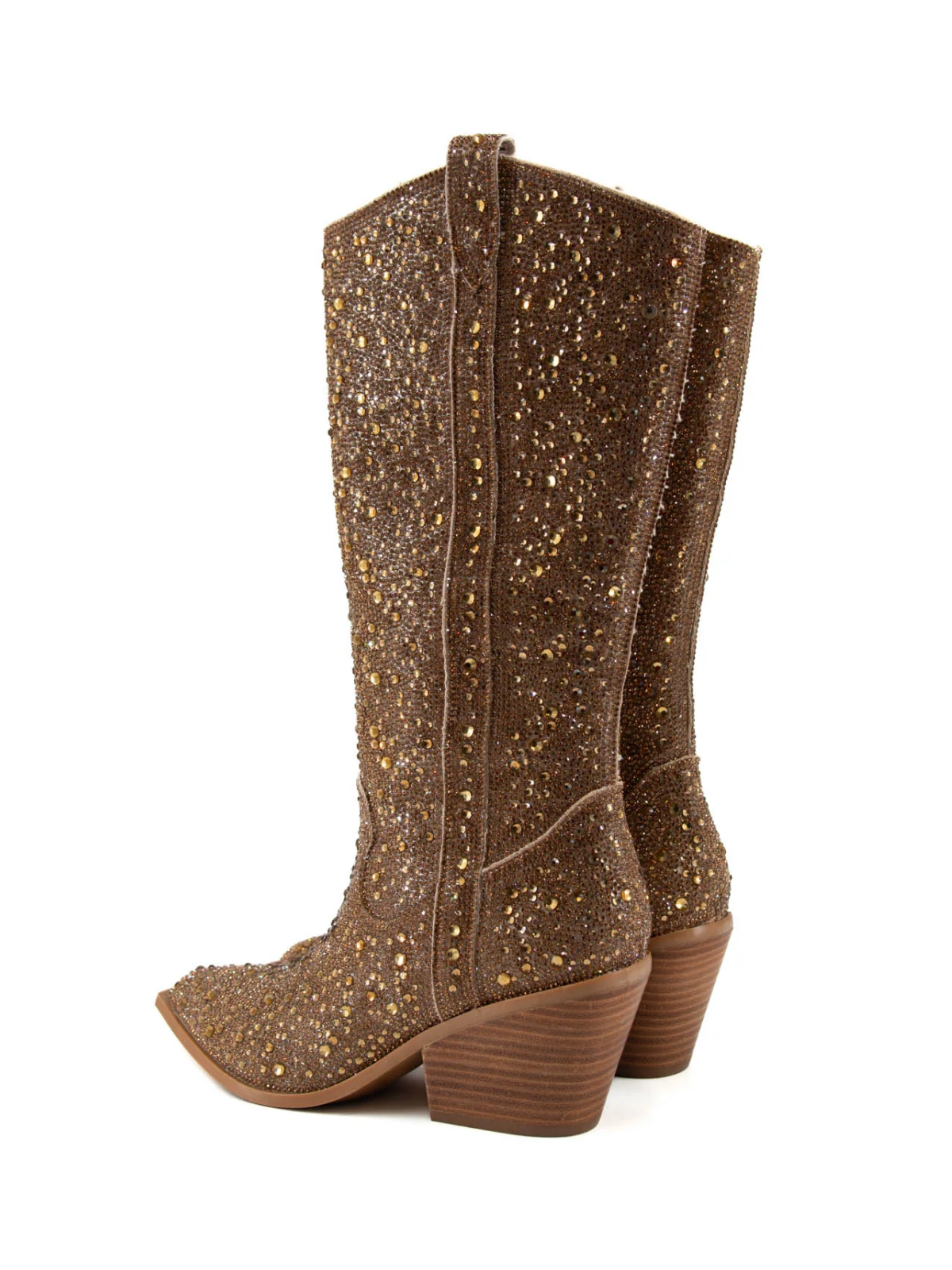 Gold Rhinestone Faux Suede Pointed-Toe Full-Zip Mid Calf Cowgirl Tall Boots