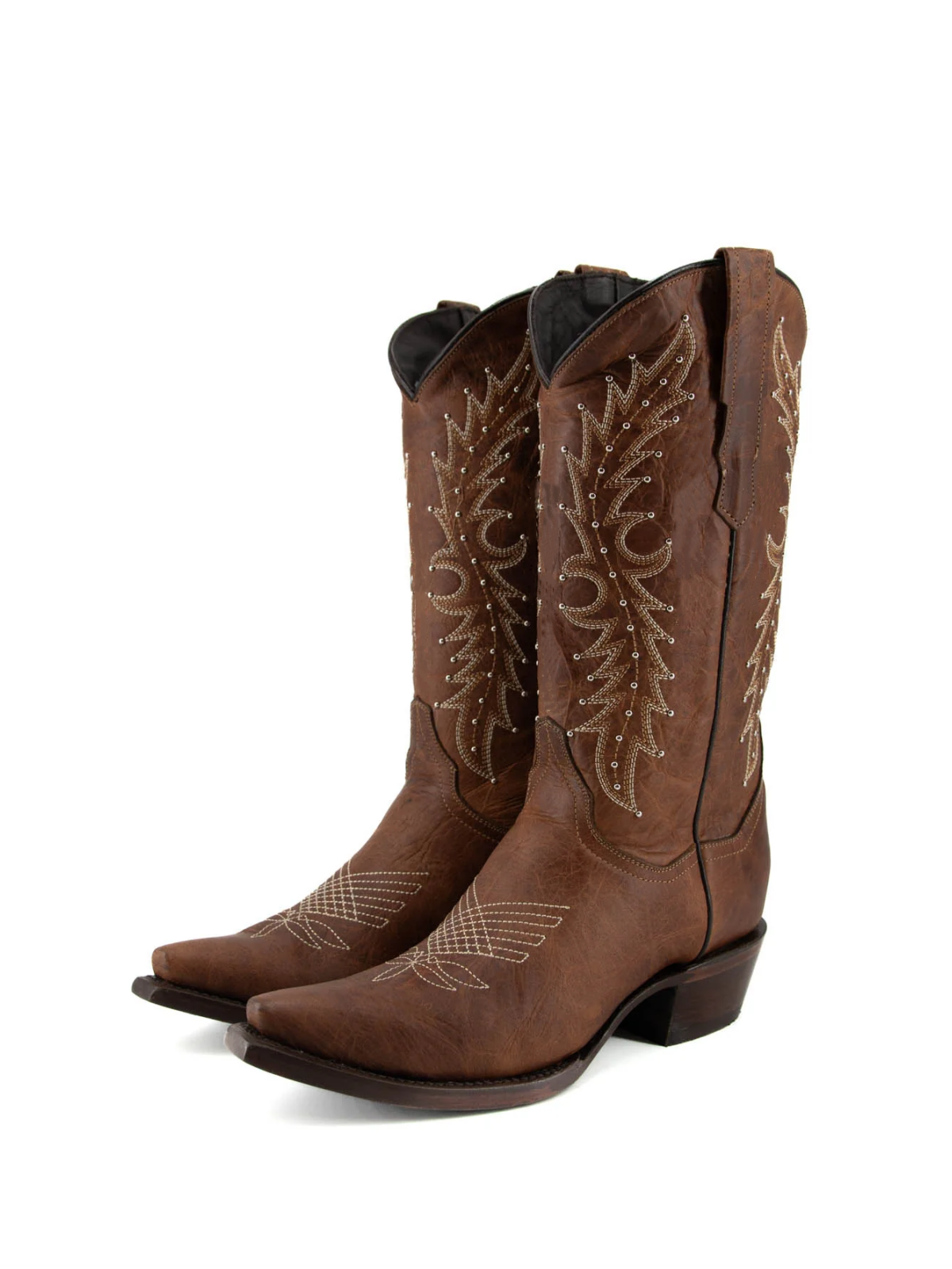 Brown Embroidery Studded Snip-Toe Wide Mid Calf Cowgirl Tall Boots