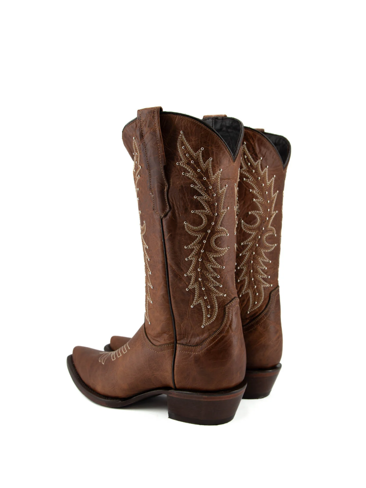 Brown Embroidery Studded Snip-Toe Wide Mid Calf Cowgirl Tall Boots