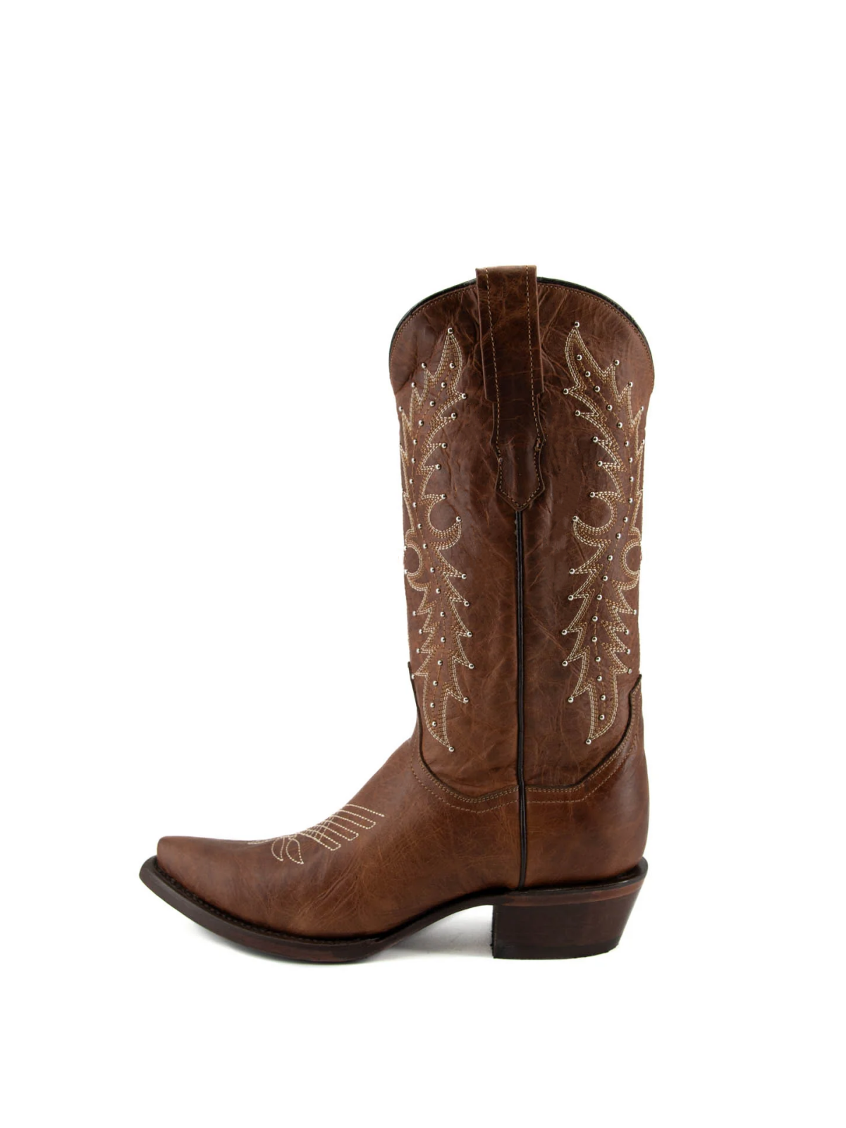 Brown Embroidery Studded Snip-Toe Wide Mid Calf Cowgirl Tall Boots