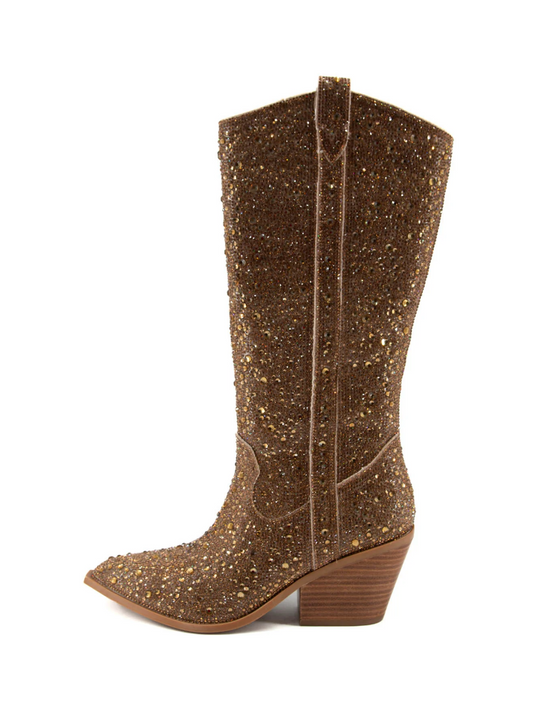 Gold Rhinestone Faux Suede Pointed-Toe Full-Zip Mid Calf Cowgirl Tall Boots