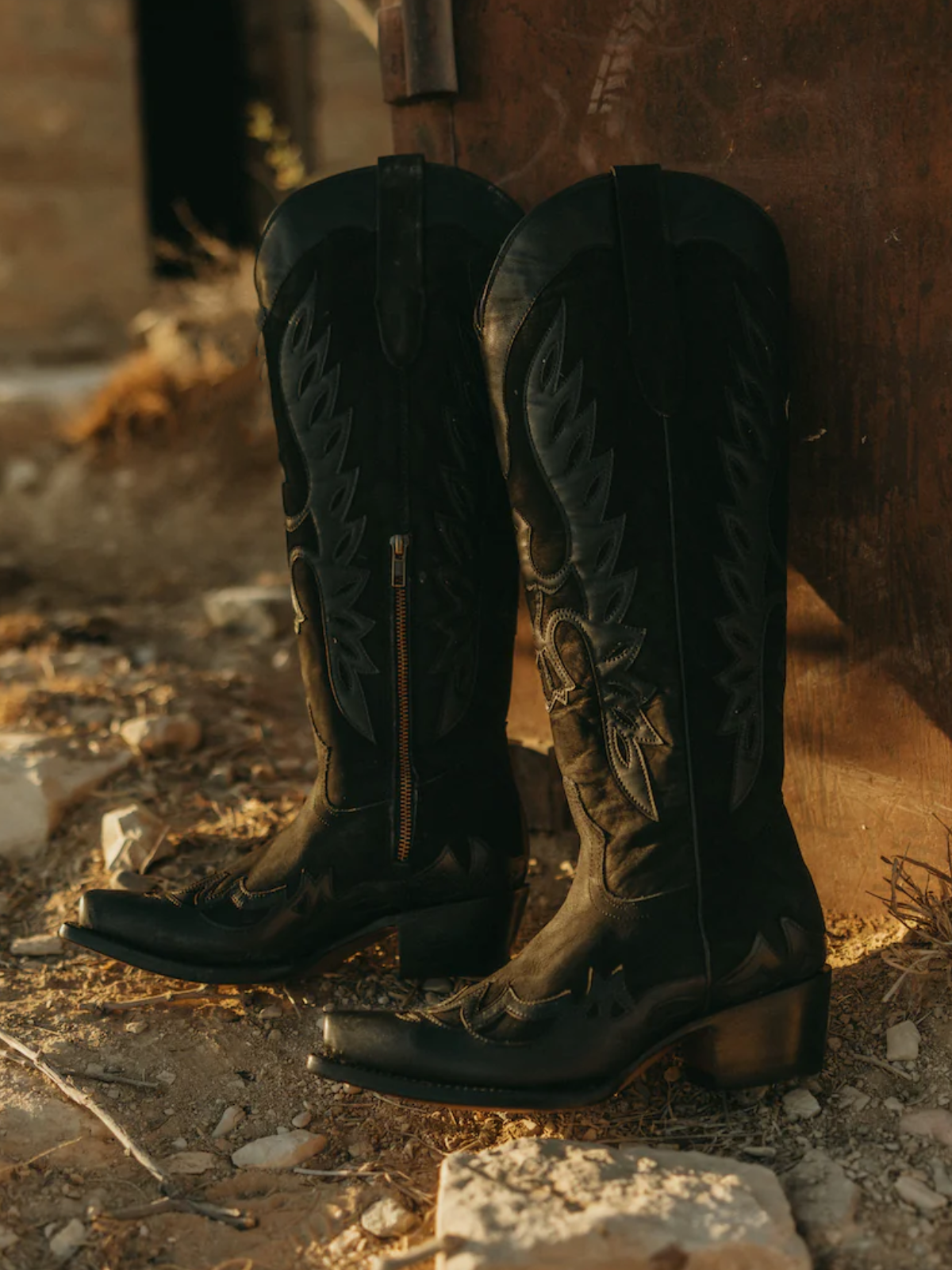 Black Faux Suede Snip-Toe Eagle Applique Half-Zip Knee High Tall Cowgirl Boots