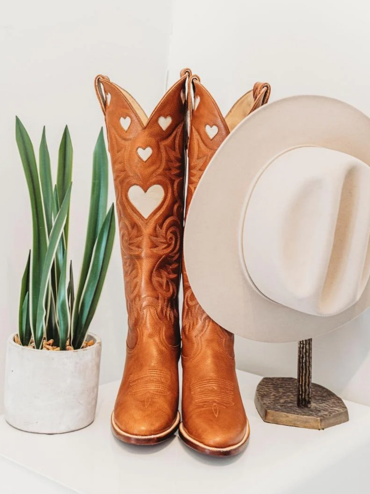 Ivory Heart Inlay Embroidery Almond-Toe Tall Wide Mid Calf Cowgirl Boots - Burnt Orange