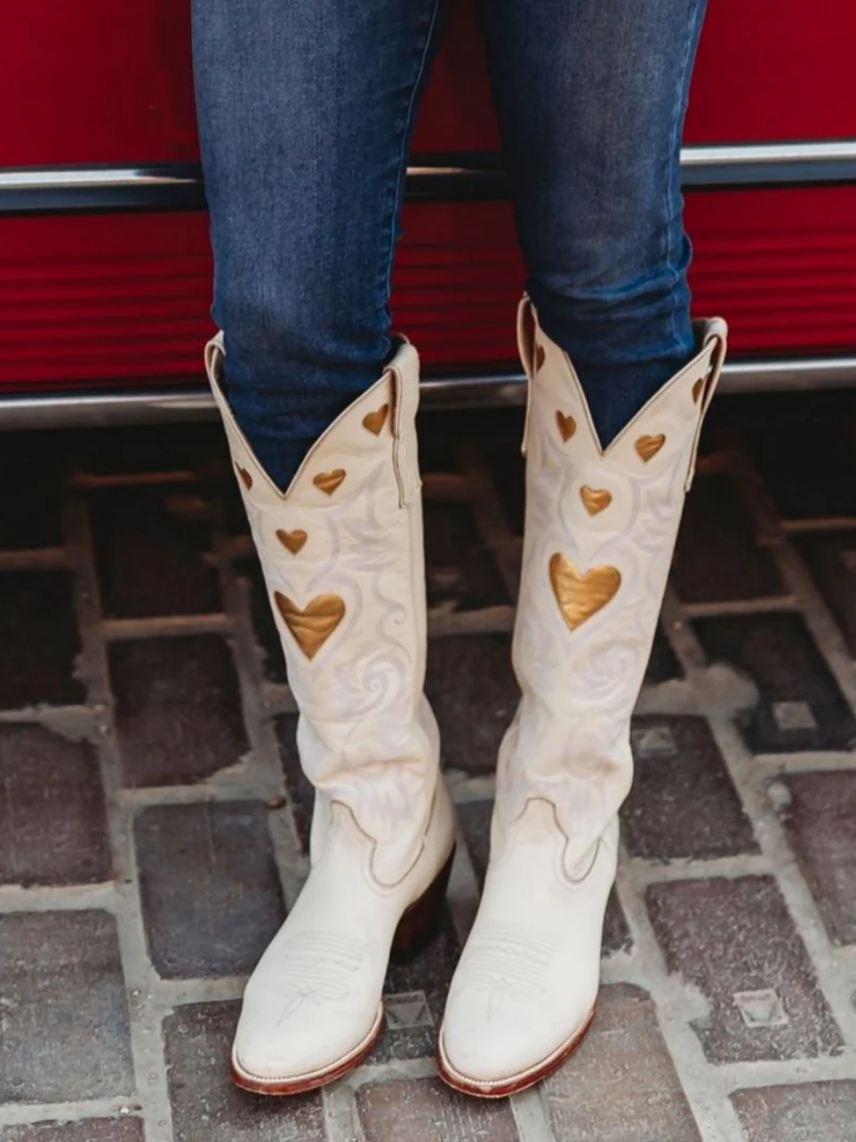 Metallic Gold Heart Inlay Embroidery Almond-Toe Tall Wide Mid Calf Cowgirl Boots - Bone