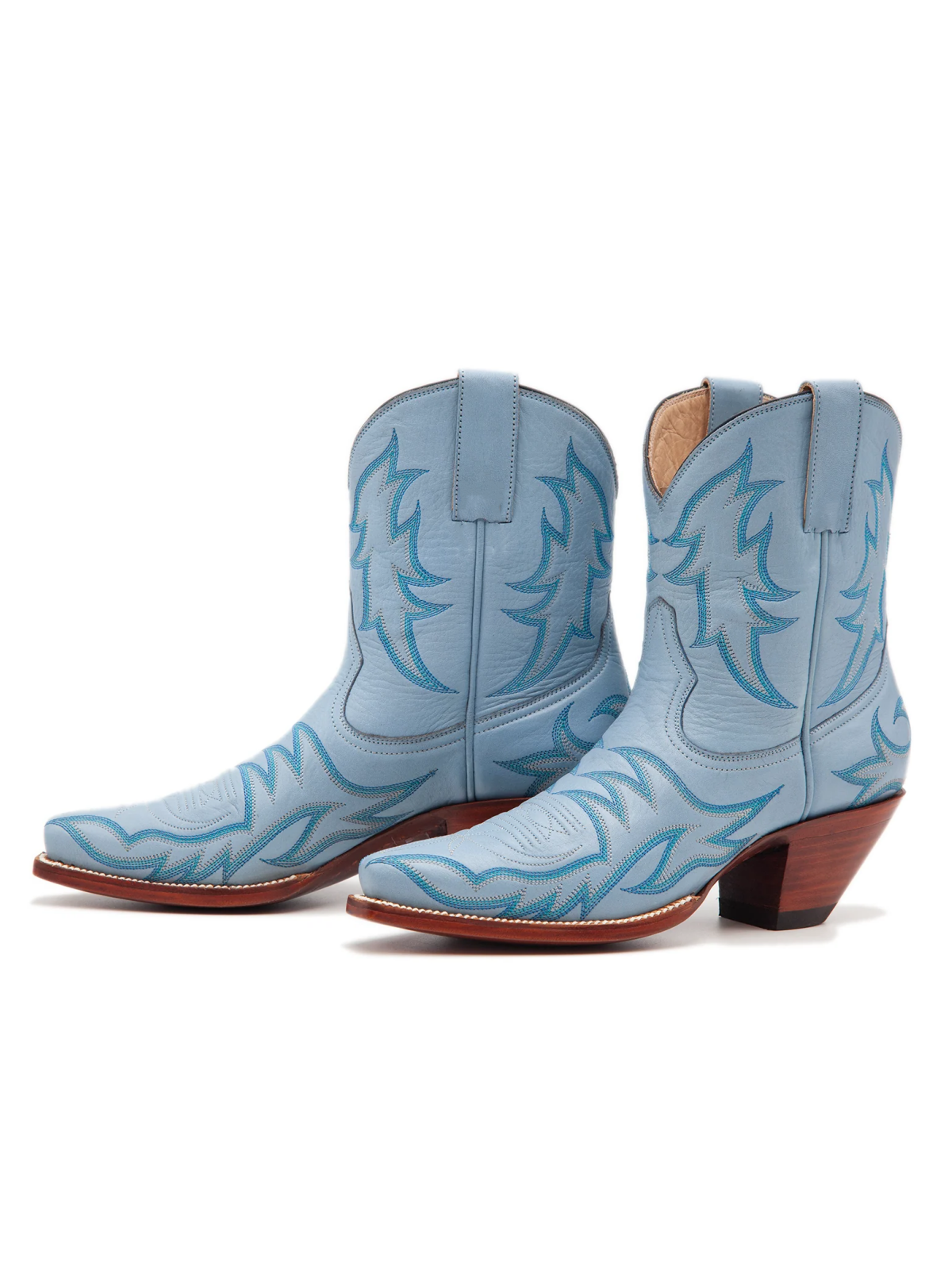 Embroidery Snip-Toe Wide Mid Calf Cowboy Boots For Women - Sky Blue