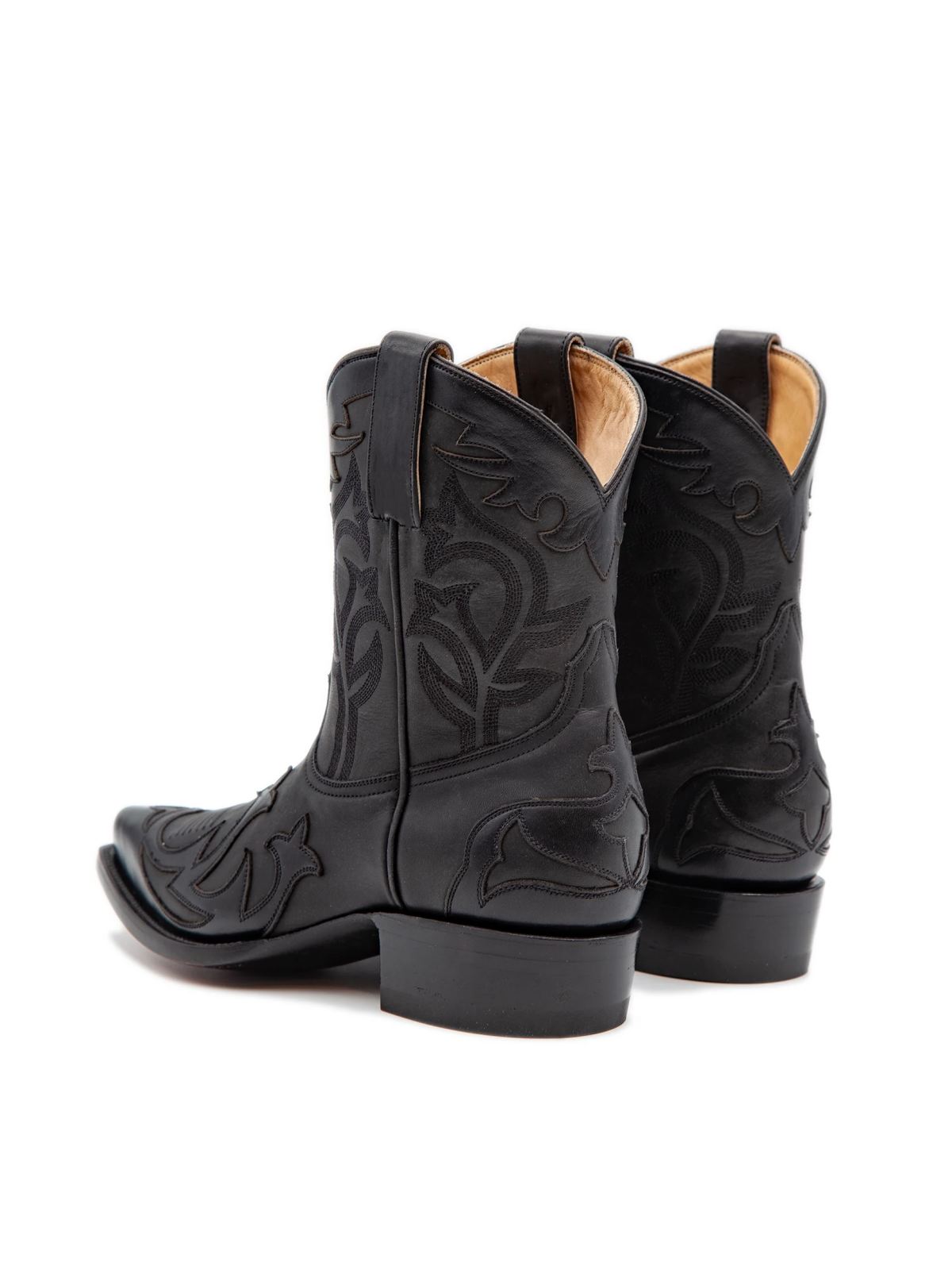 Black Applique Snip-Toe Embroidery Wide Mid Calf Cowgirl Boots