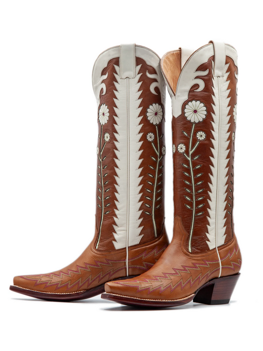 Contrast Brown And Cinnamon Snip-Toe Floral Inlay Applique Embroidery Wide Calf Knee High Tall Cowgirl Boots