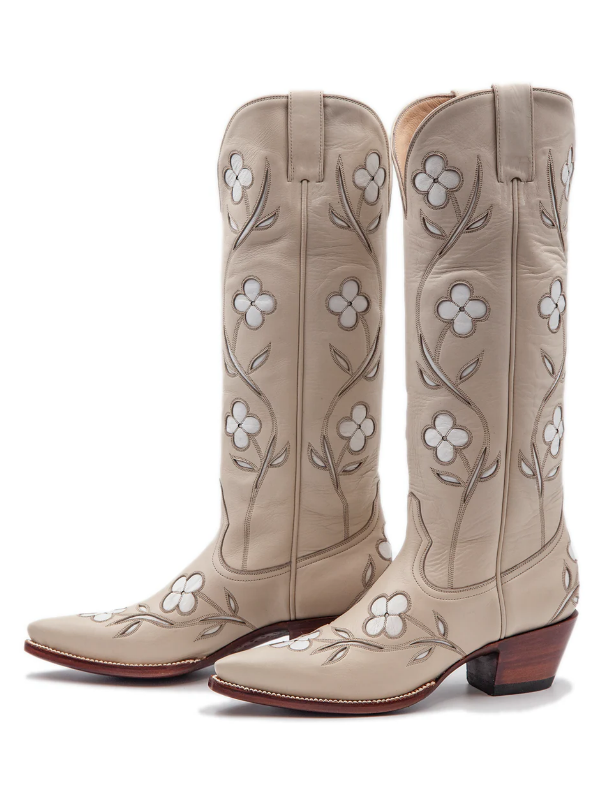 Bone Pointed-Toe White Floral Inlay Wide Mid Calf Tall Cowgirl Boots