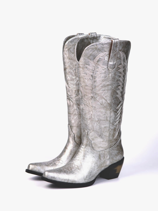 Metallic Silver Vegan Leather Western Wide Calf Cowgirl Boots With Grass Embroidery